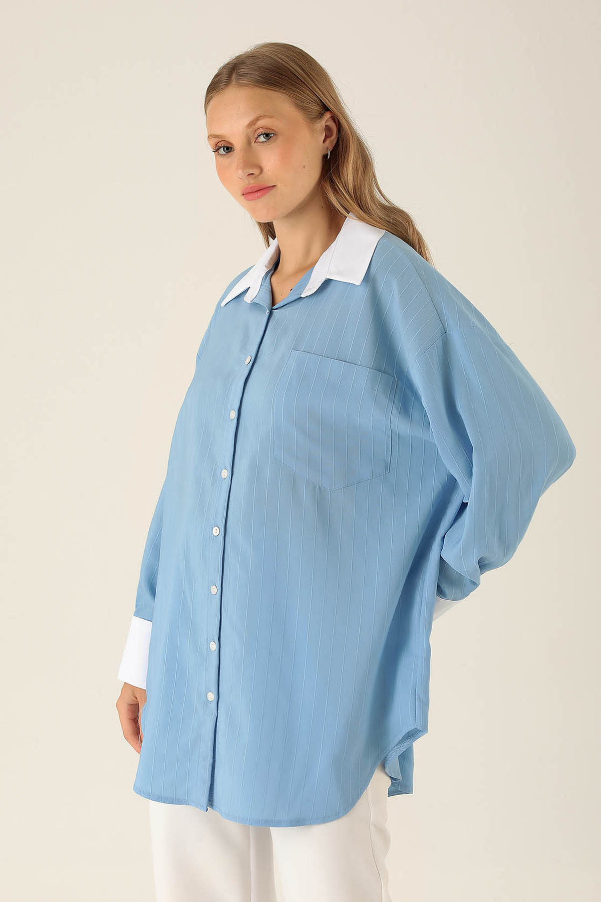 Çizgili Balon Kol Bayan Gömlek - 6672A Mavi - 1