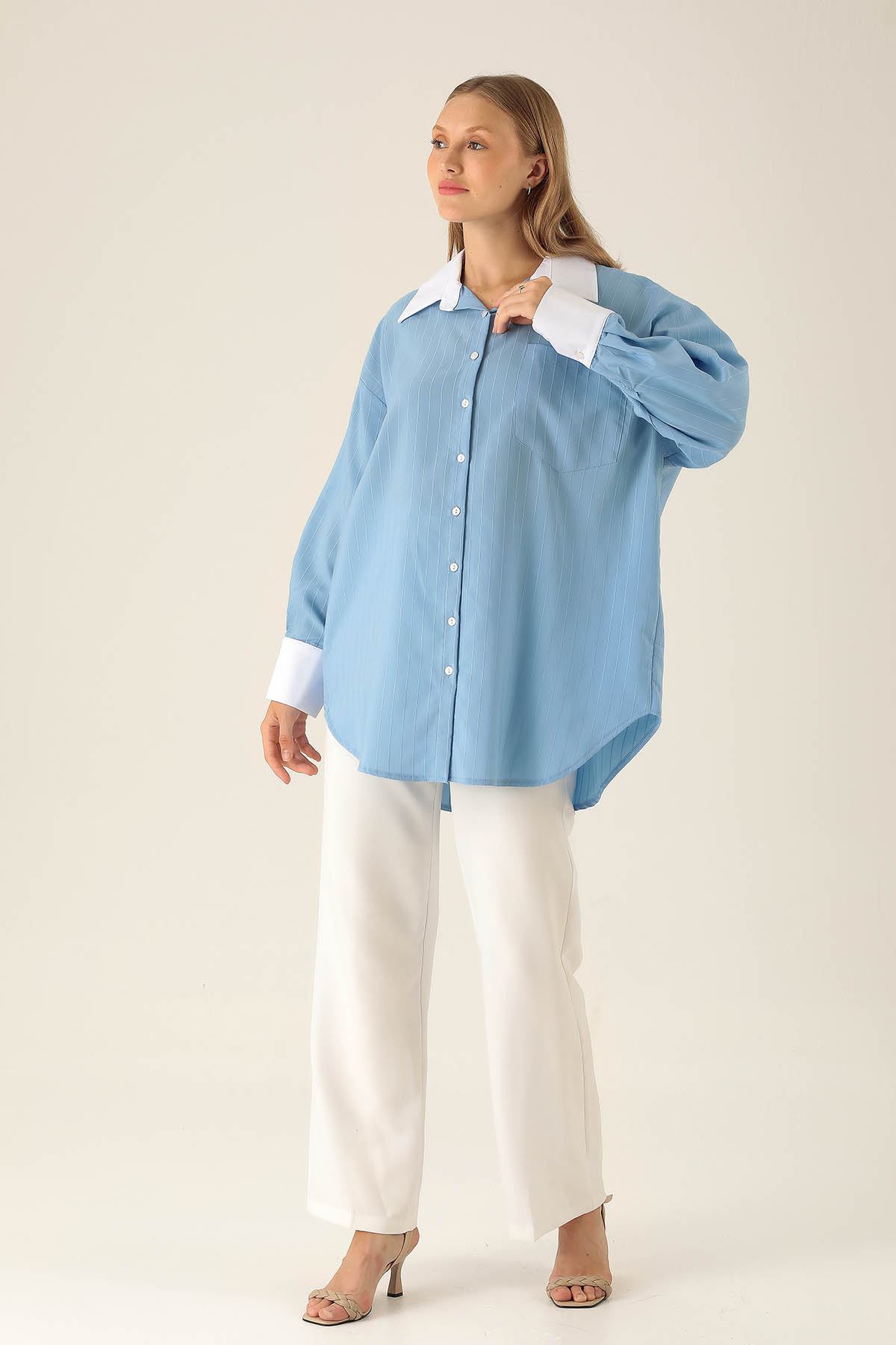 Çizgili Balon Kol Bayan Gömlek - 6672A Mavi - 4