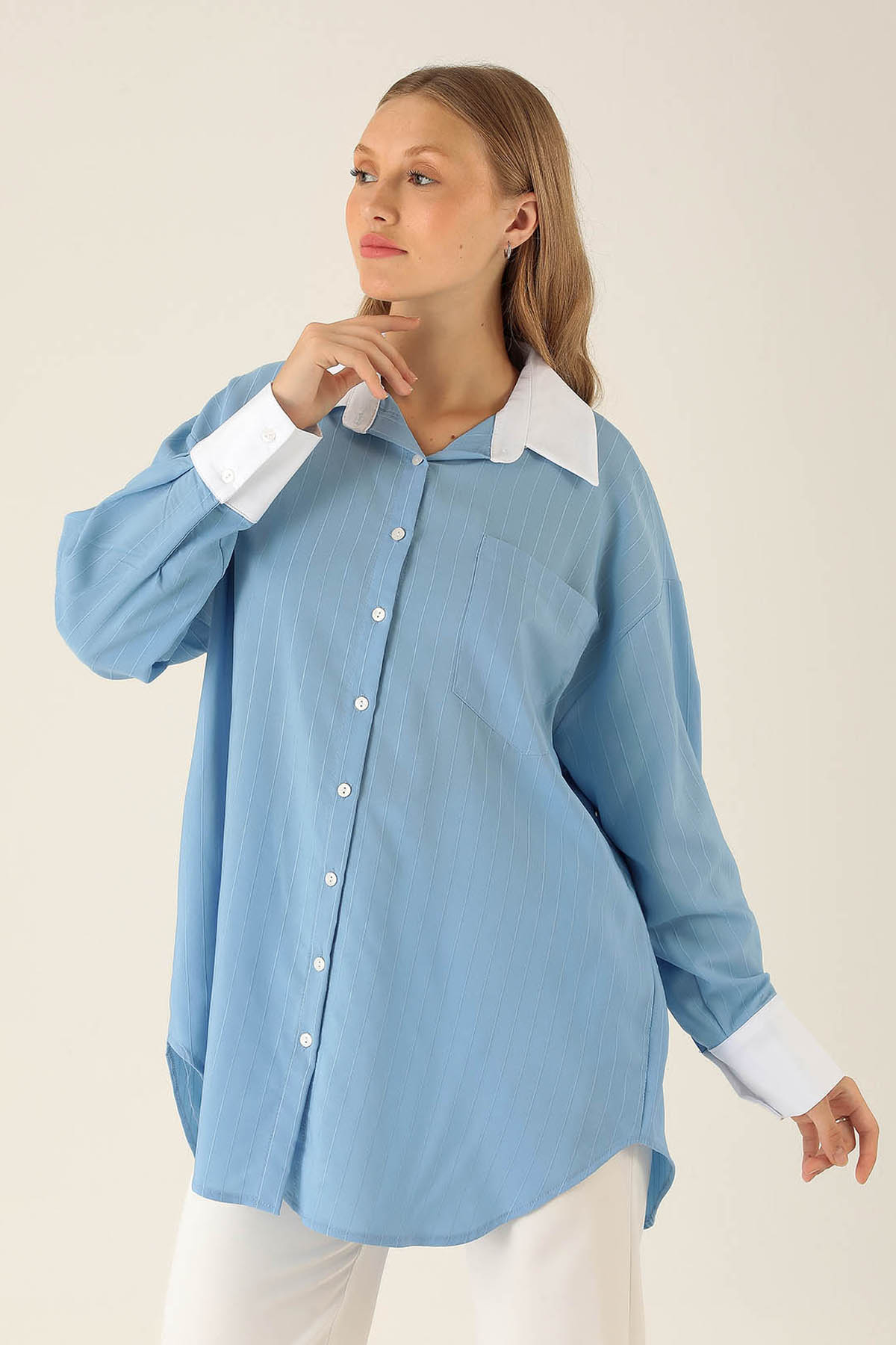 Çizgili Balon Kol Bayan Gömlek - 6672A Mavi - 2