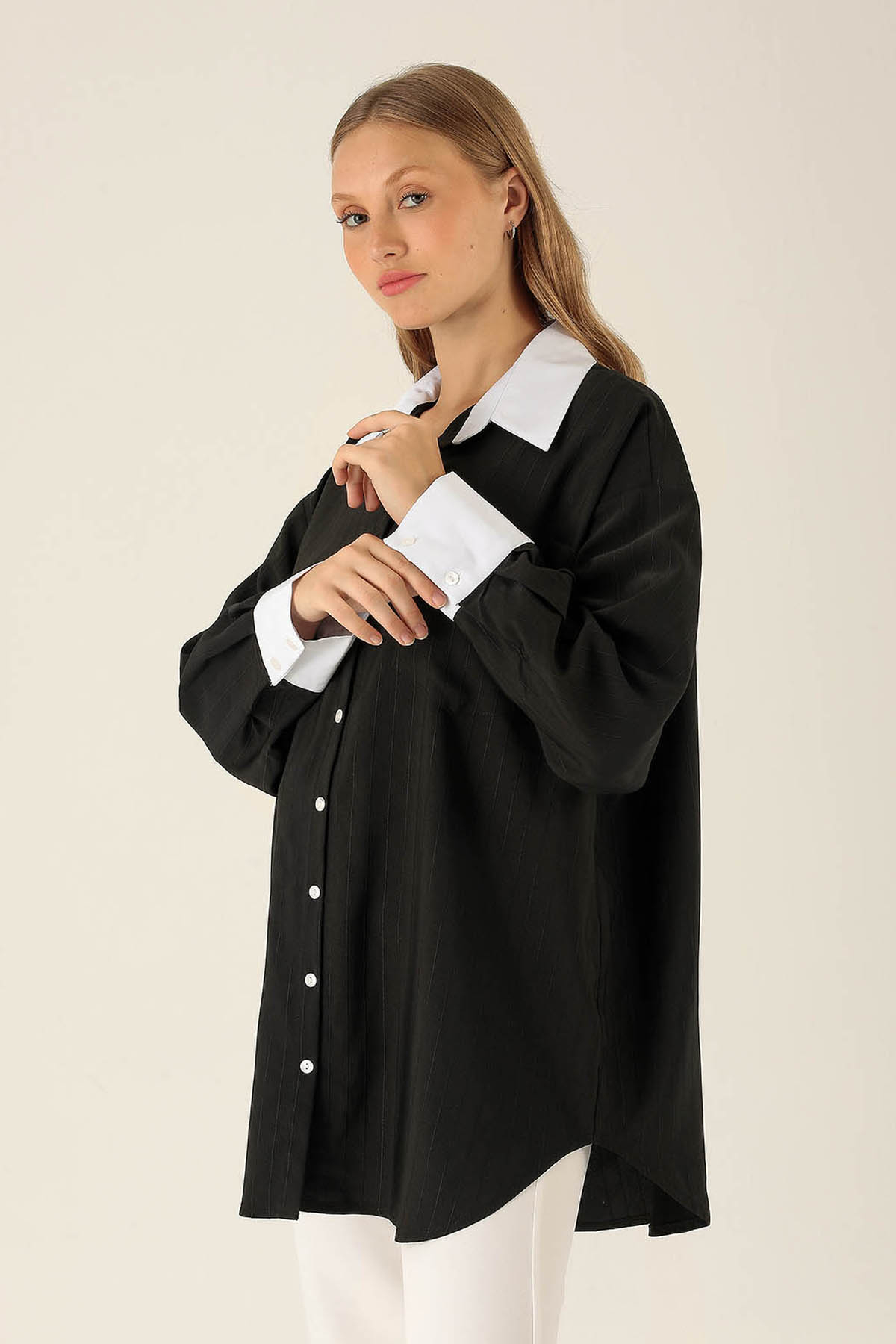 Çizgili Balon Kol Bayan Gömlek - 6672A Siyah 