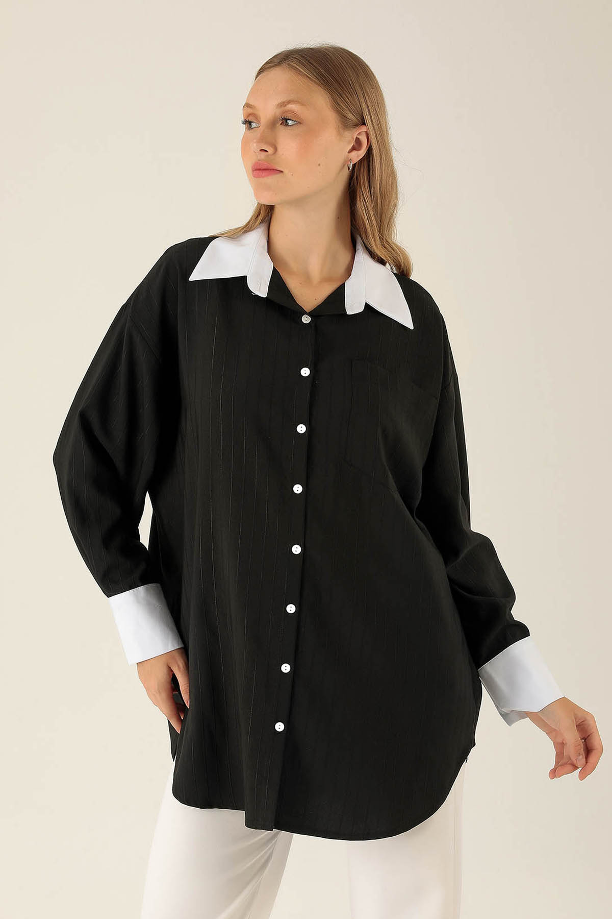 Çizgili Balon Kol Bayan Gömlek - 6672A Siyah - 2