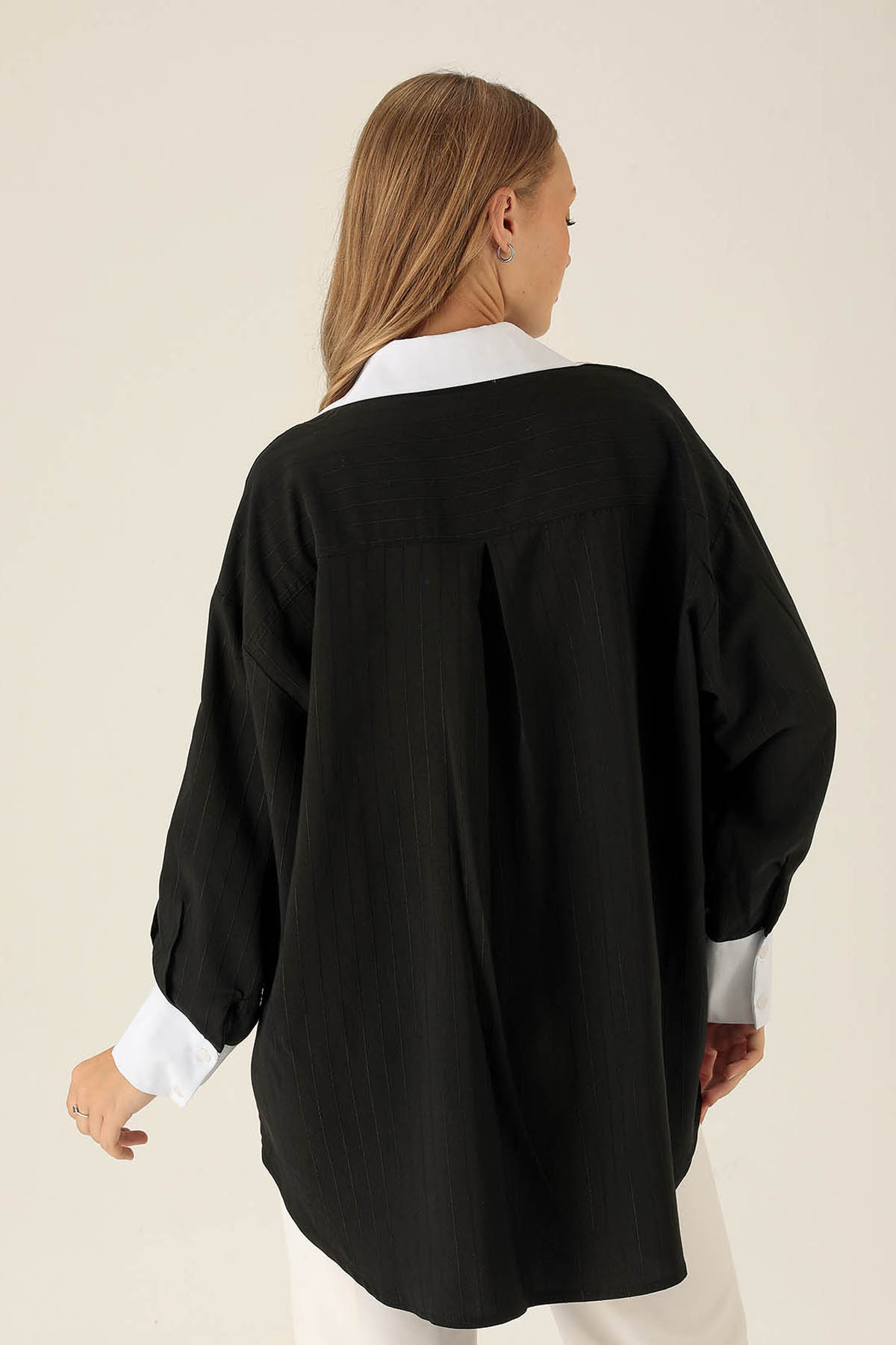 Çizgili Balon Kol Bayan Gömlek - 6672A Siyah - 5