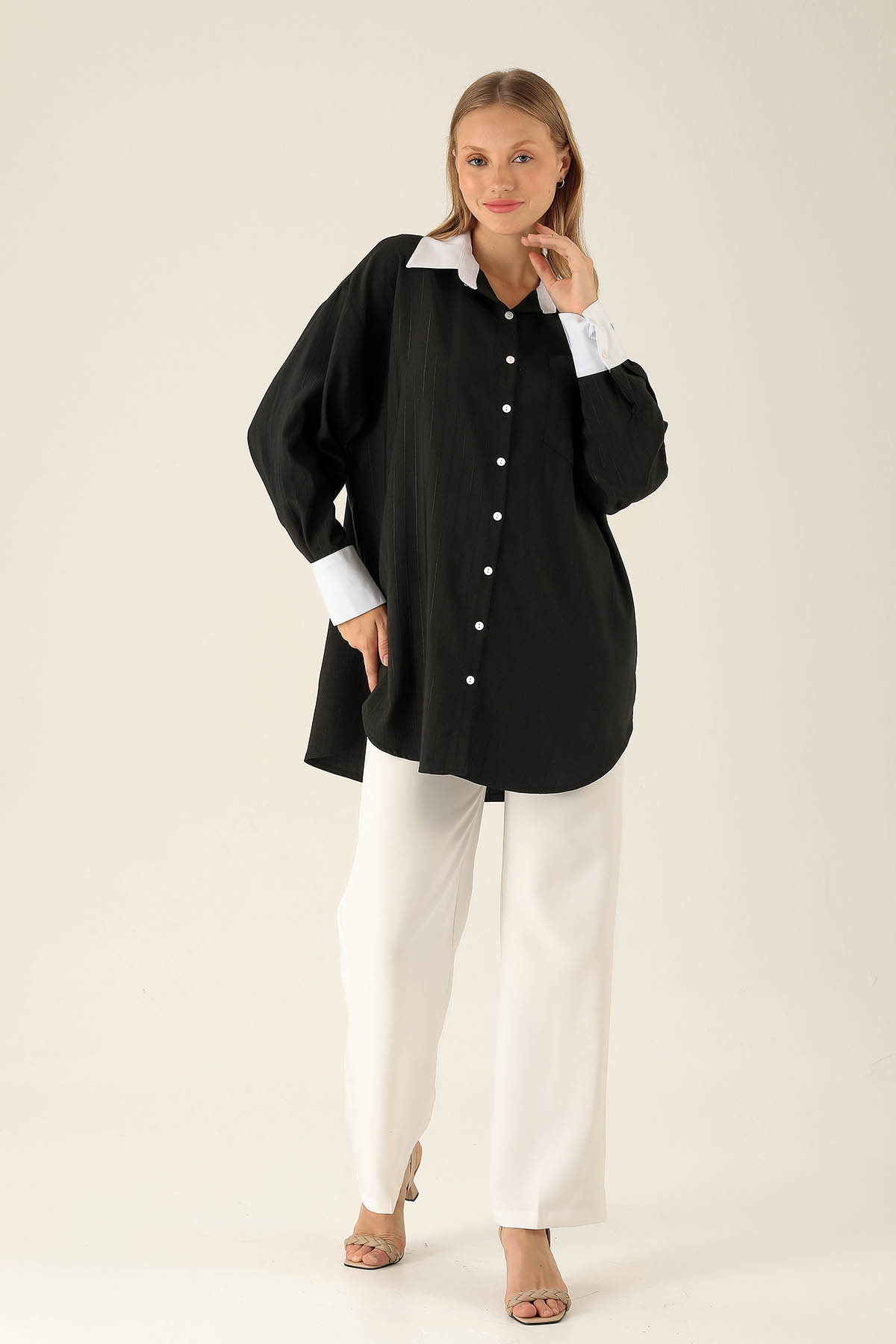 Çizgili Balon Kol Bayan Gömlek - 6672A Siyah - 4