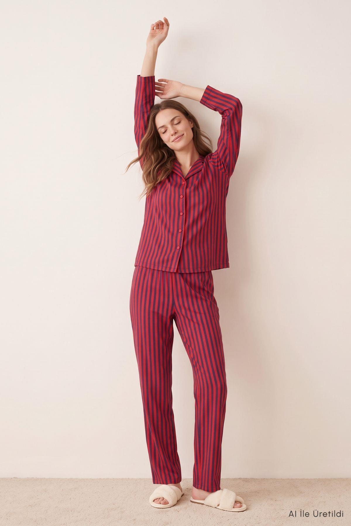 Çizgili Düğmeli Pijama Takımı 5601 Bordo - Rays