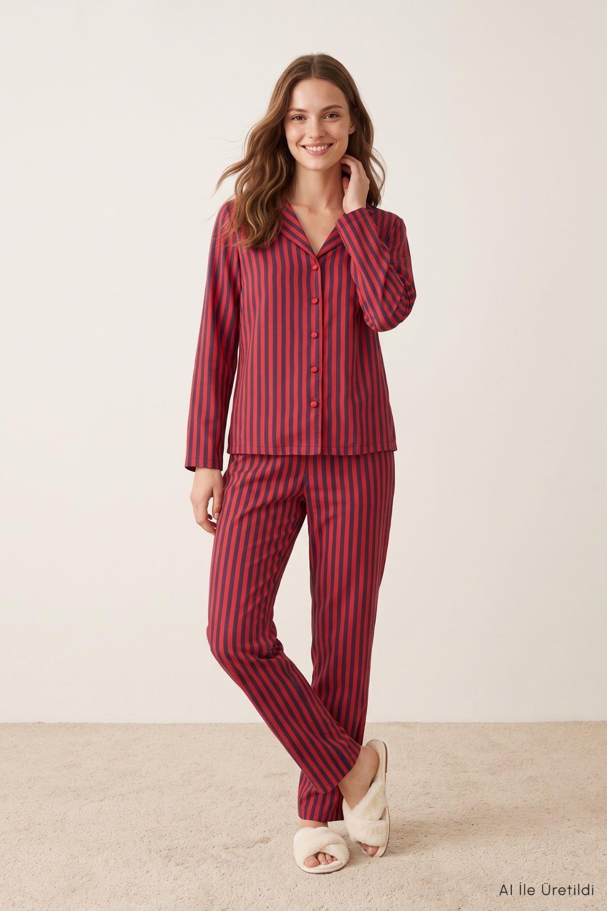 Çizgili Düğmeli Pijama Takımı 5601 Bordo - Rays