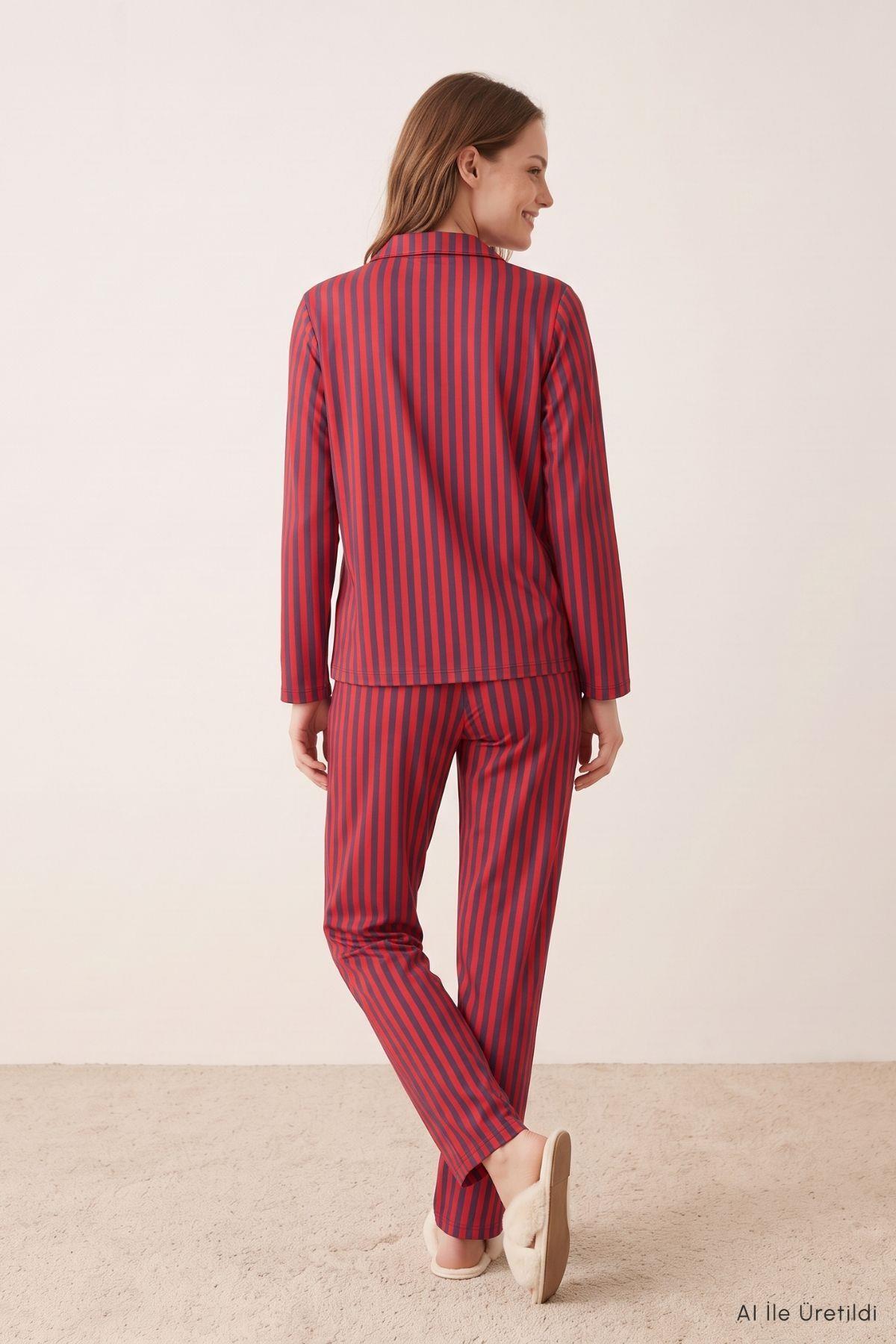 Çizgili Düğmeli Pijama Takımı 5601 Bordo - 3