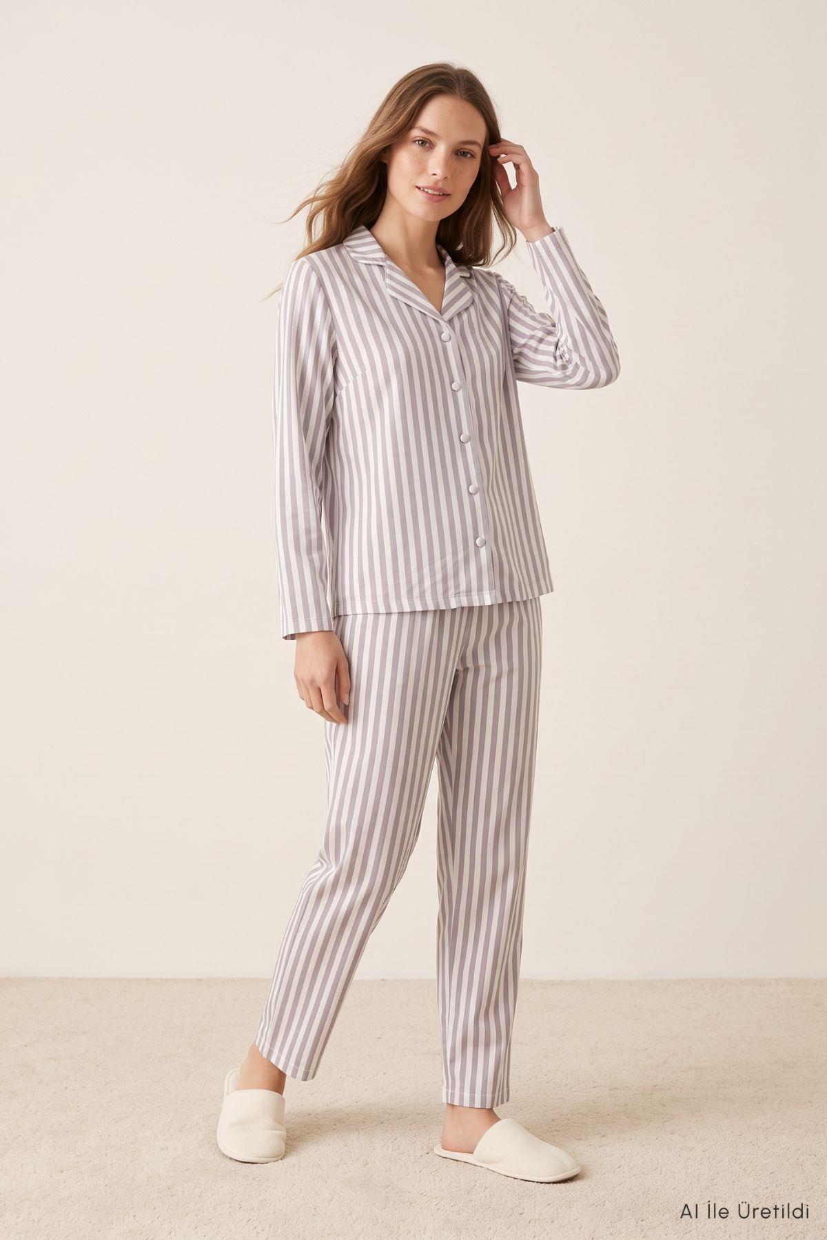 Çizgili Düğmeli Pijama Takımı 5601 Gri - Rays