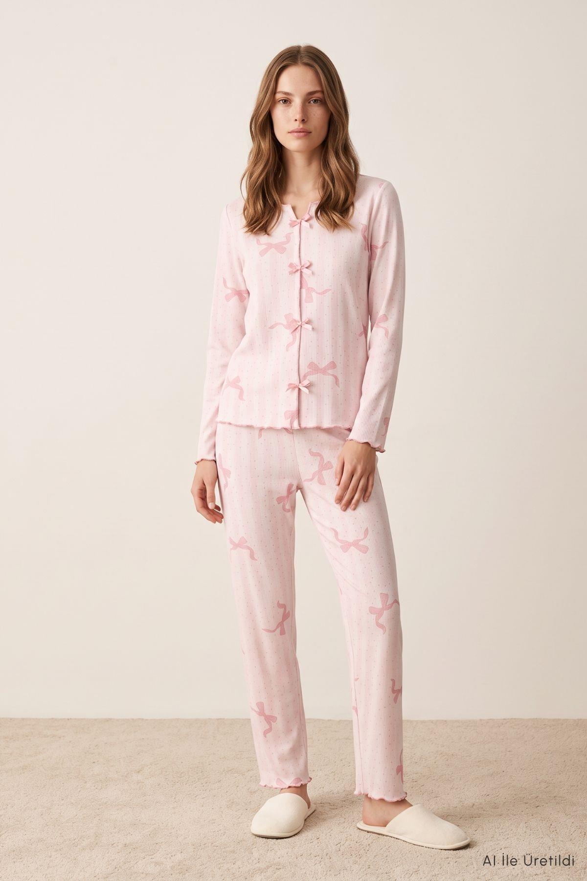 Çizgili Fiyonklu Pijama Takımı 0106 Pembe - Rays