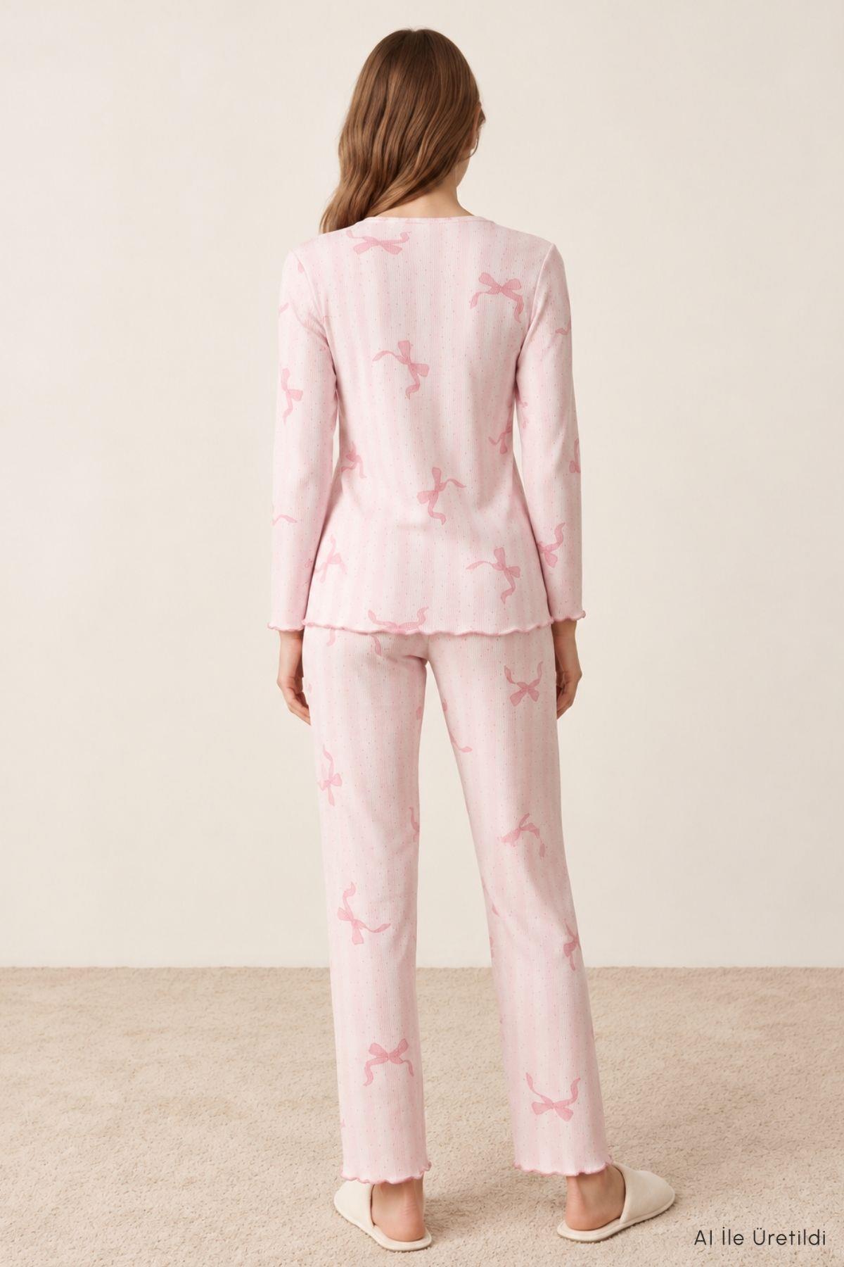 Çizgili Fiyonklu Pijama Takımı 0106 Pembe - Rays