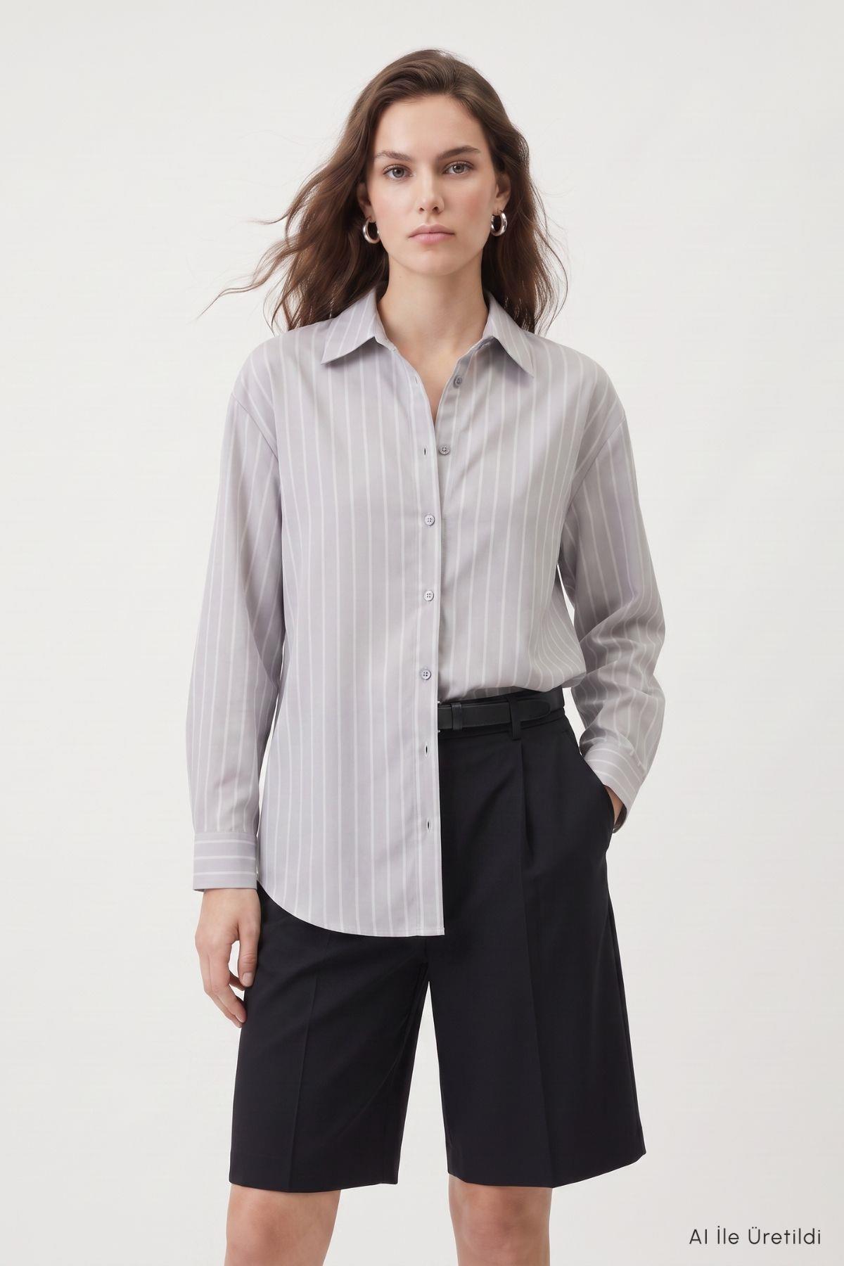 Çizgili Oversize Gömlek 4013A Gri - RAYS