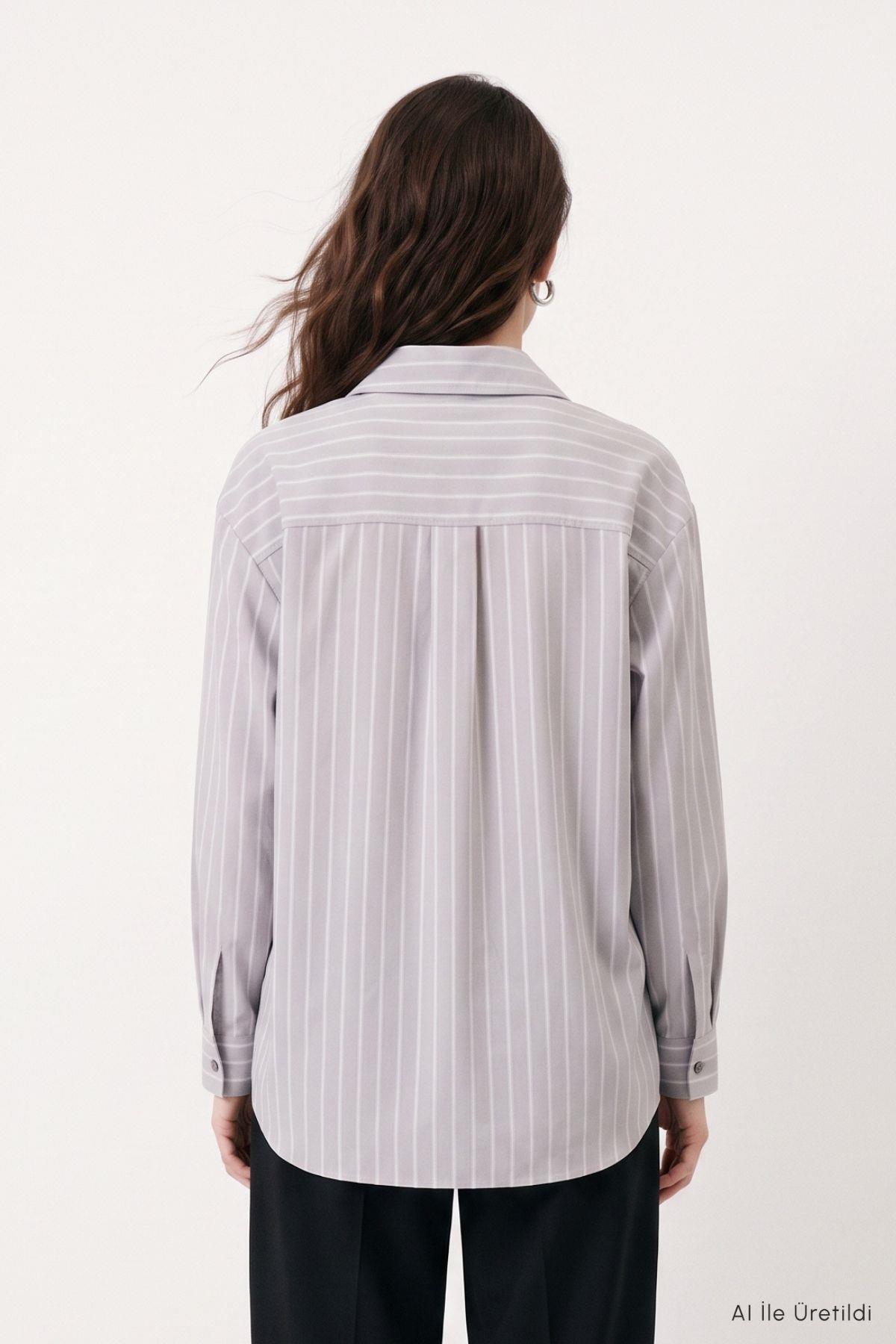Çizgili Oversize Gömlek 4013A Gri - RAYS