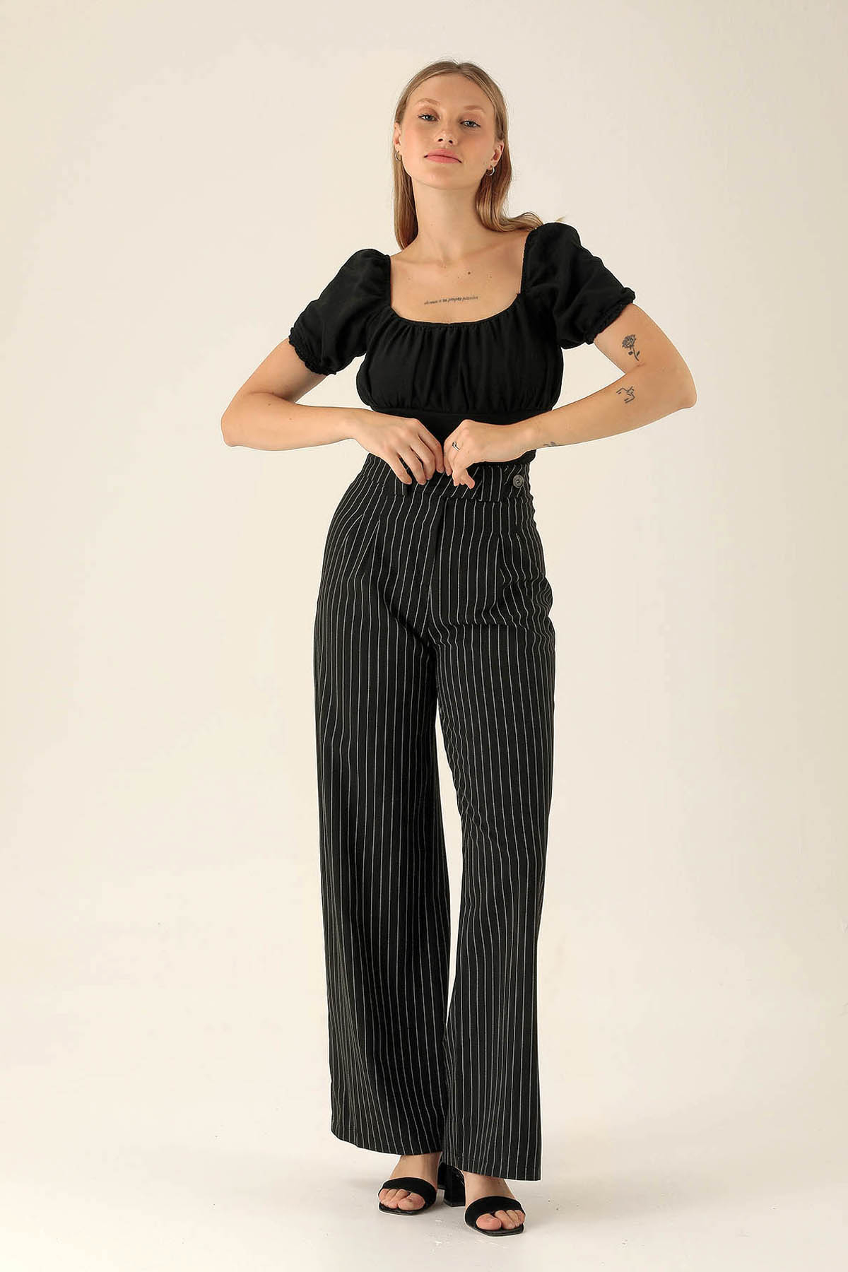 Çizgili Palazzo Bayan Pantolon - 2042 Siyah - 2
