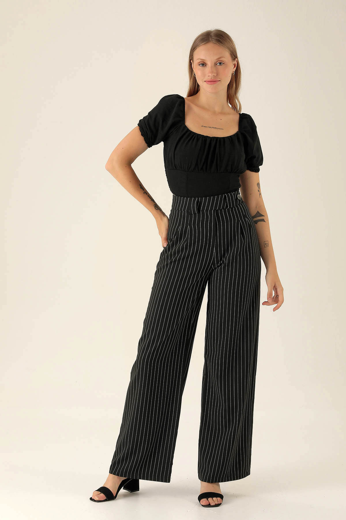 Çizgili Palazzo Bayan Pantolon - 2042 Siyah - 1