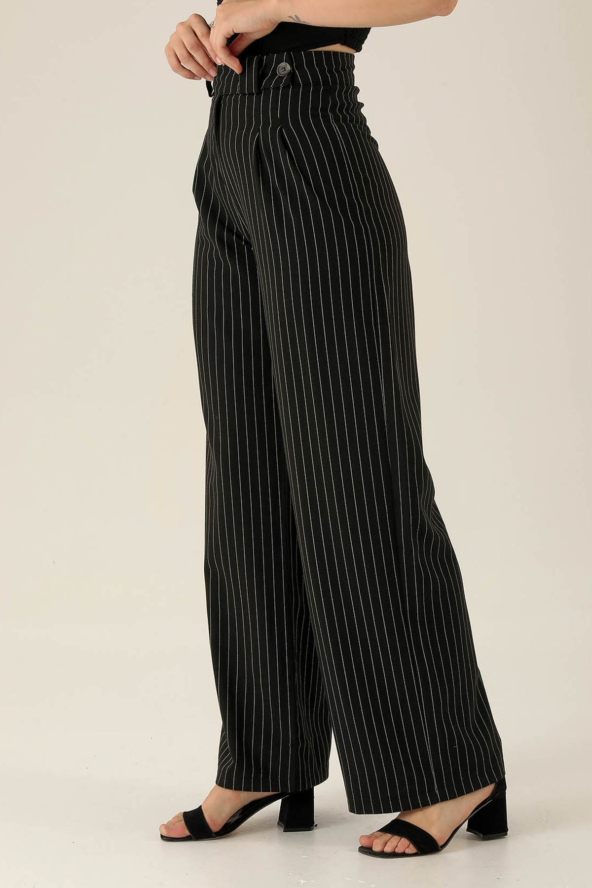Çizgili Palazzo Bayan Pantolon - 2042 Siyah - 4