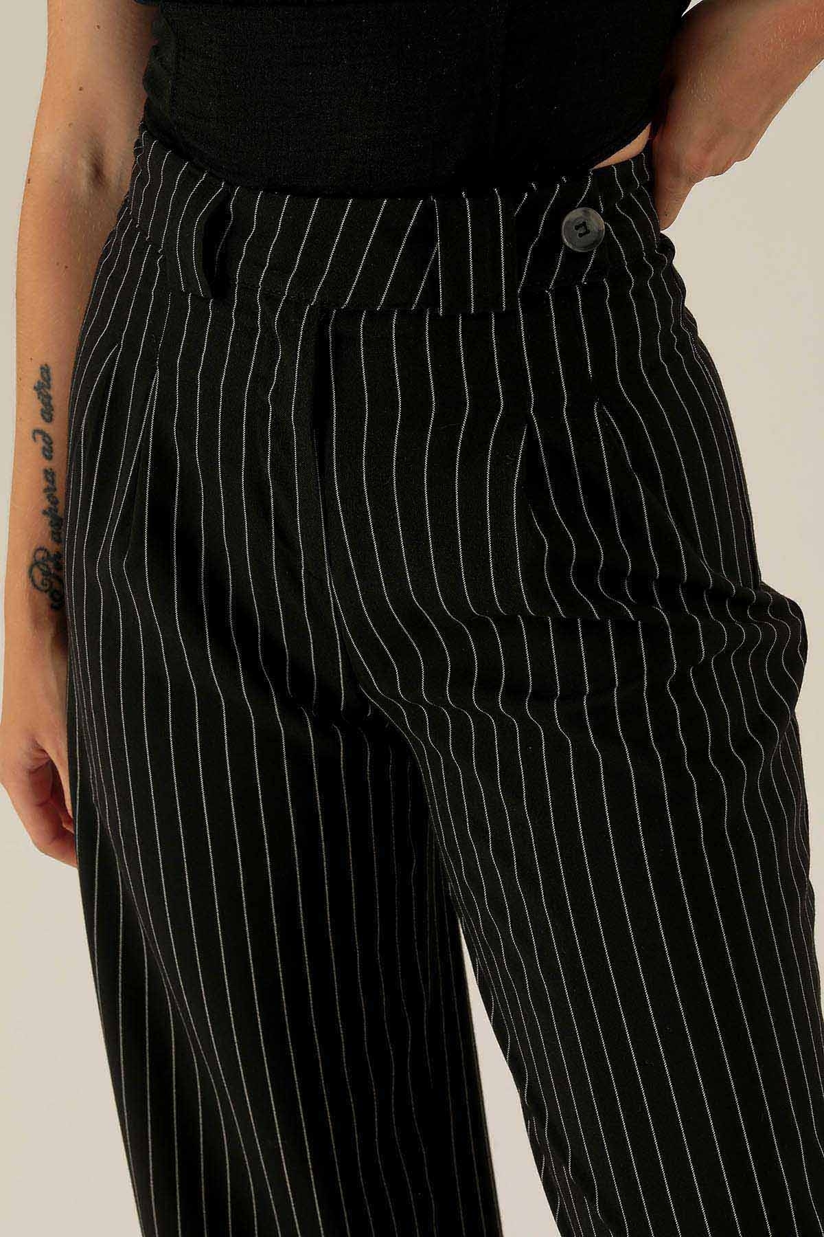 Çizgili Palazzo Bayan Pantolon - 2042 Siyah - 6