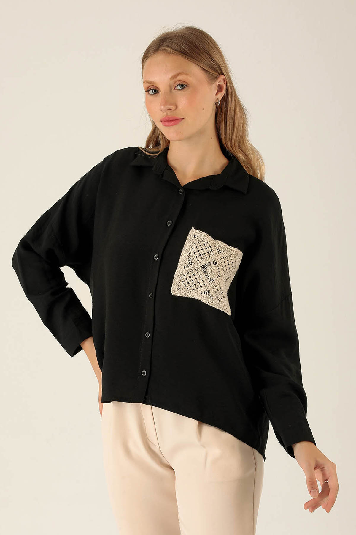 Dantel Cep Detaylı Bayan Gömlek - 6557A Siyah - 2