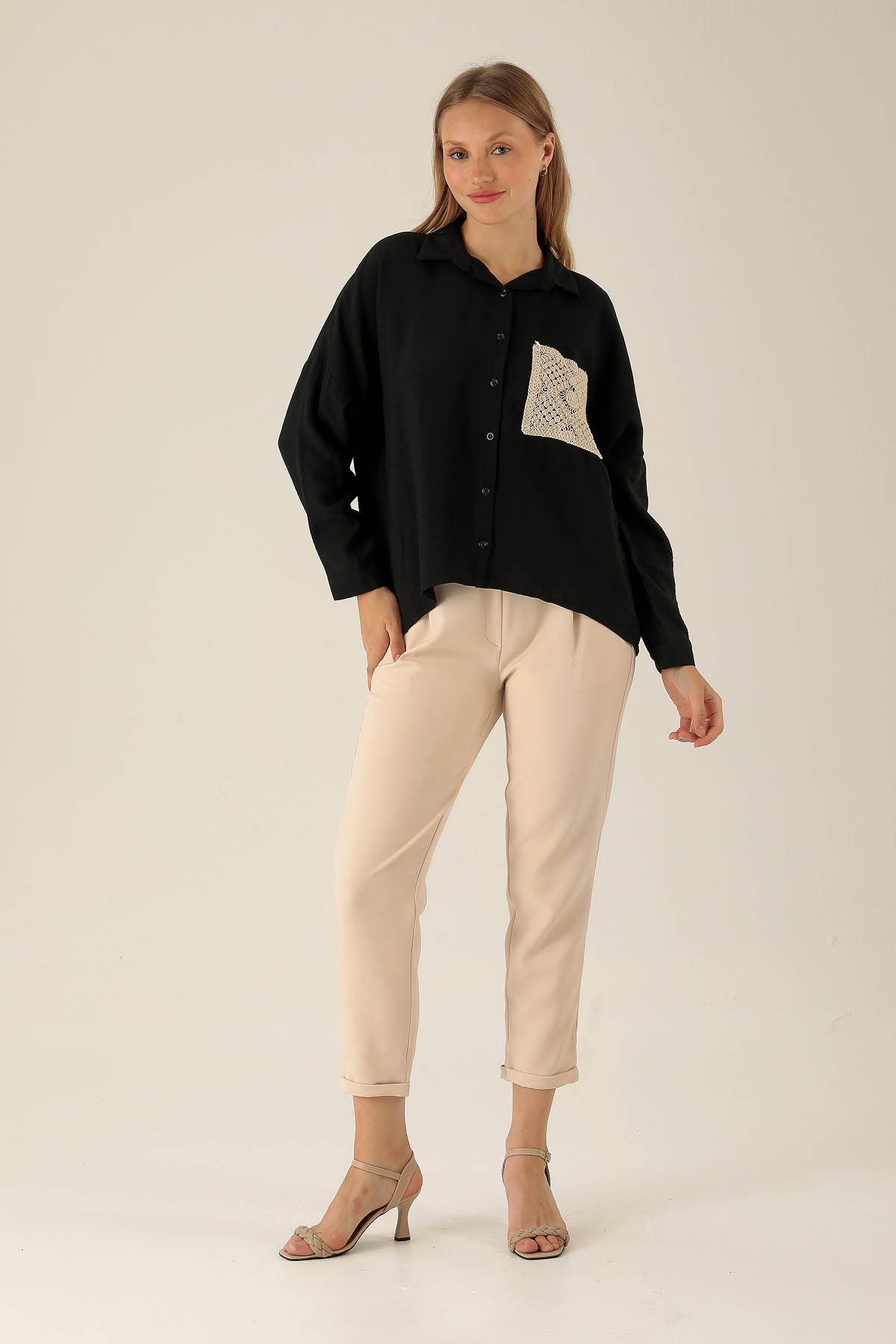 Dantel Cep Detaylı Bayan Gömlek - 6557A Siyah - 3