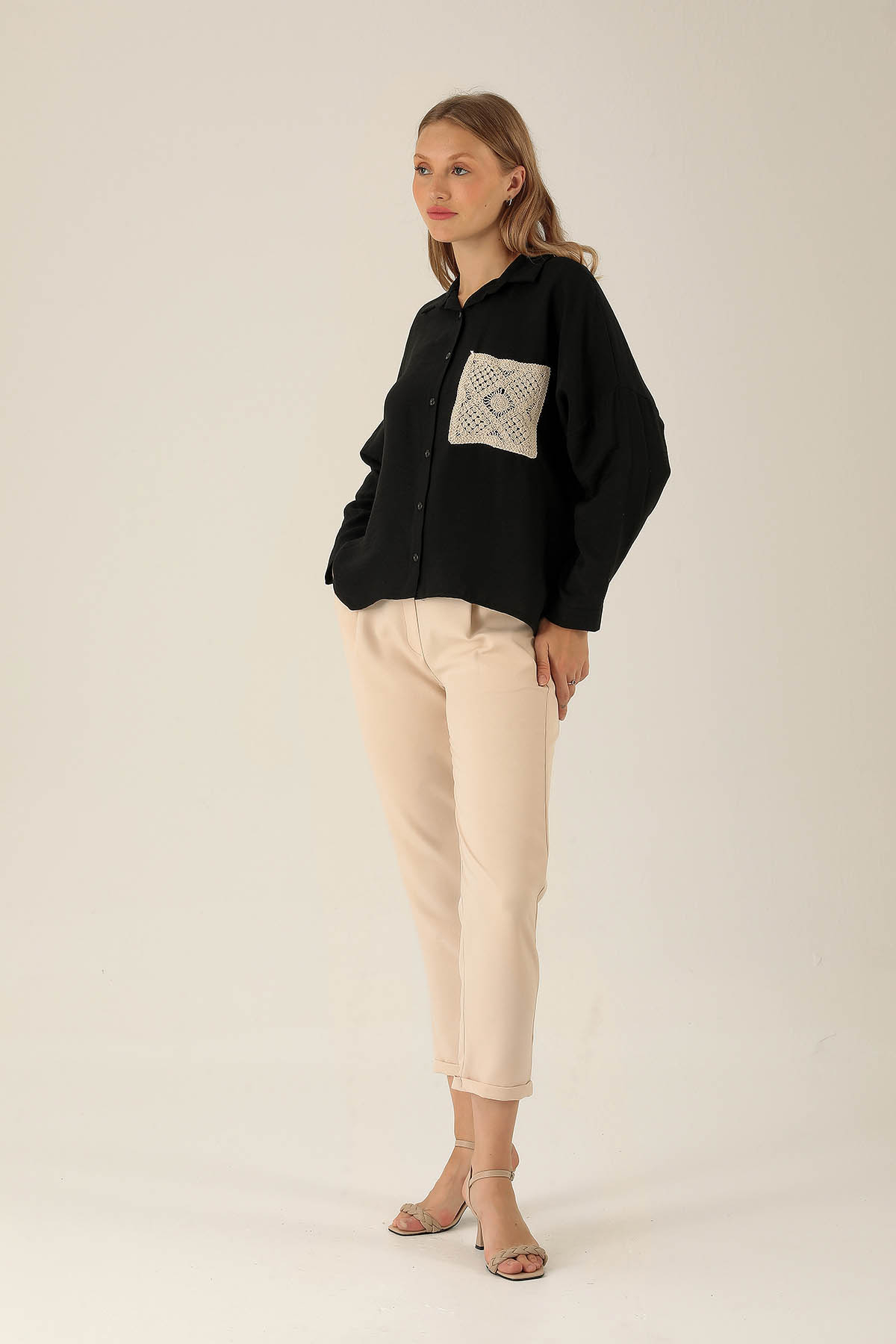 Dantel Cep Detaylı Bayan Gömlek - 6557A Siyah - 4