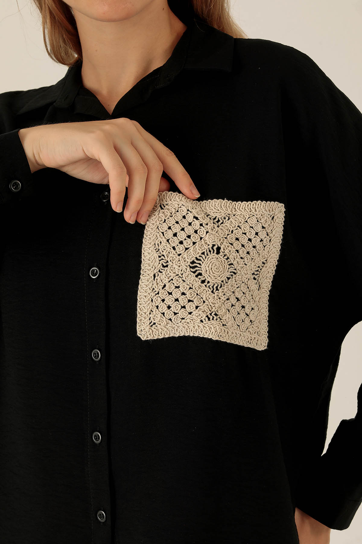 Dantel Cep Detaylı Bayan Gömlek - 6557A Siyah - 6