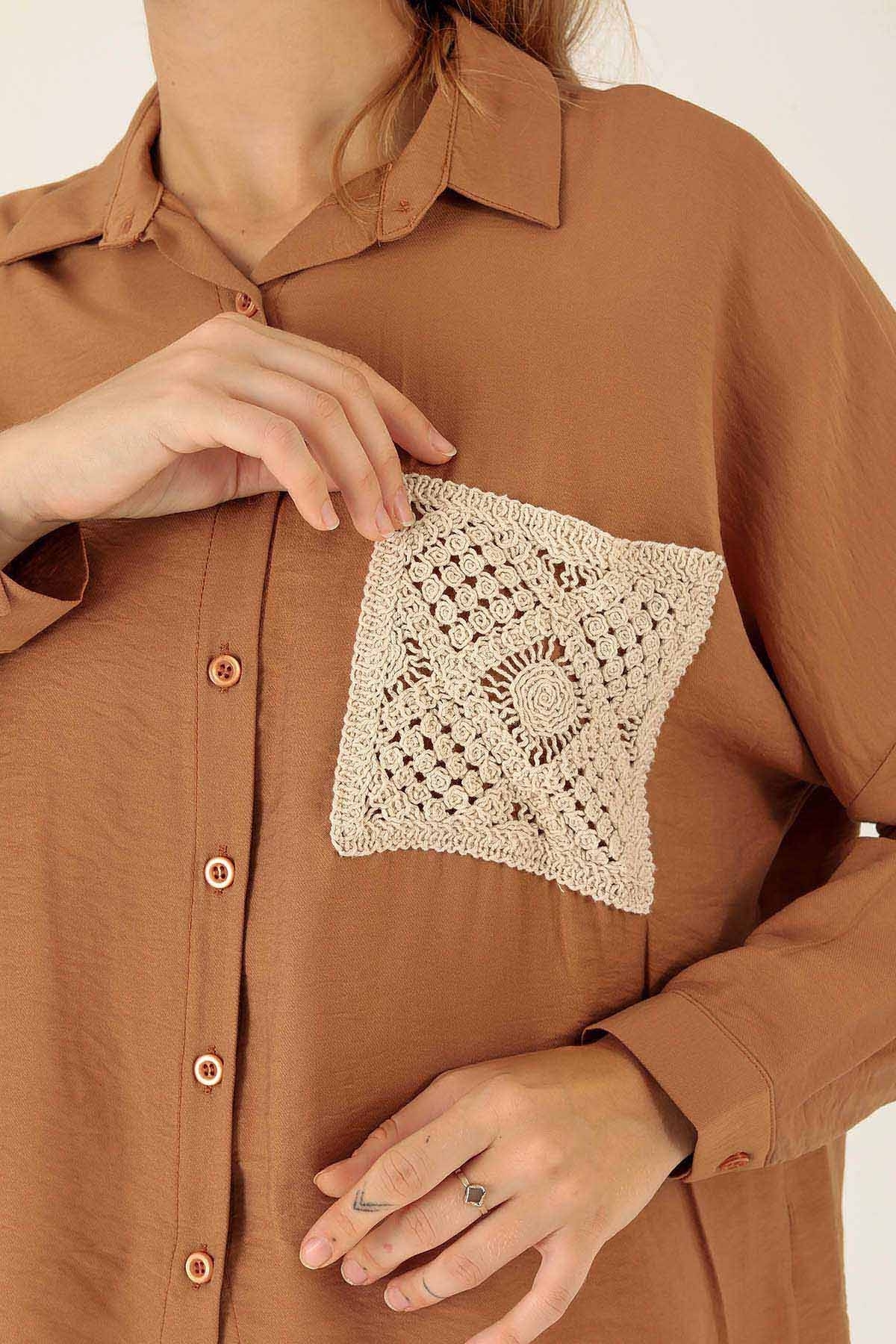 Dantel Cep Detaylı Bayan Gömlek - 6557A Taba - 6