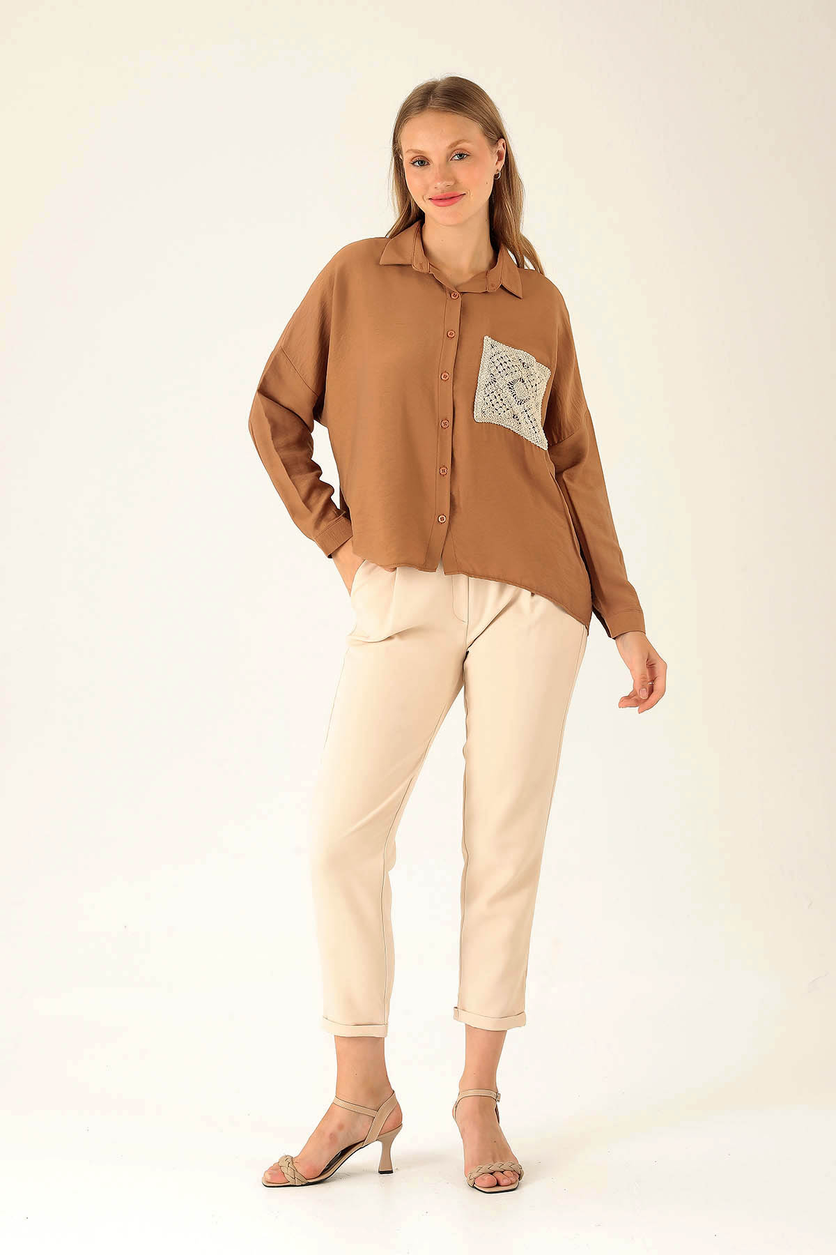 Dantel Cep Detaylı Bayan Gömlek - 6557A Taba - 3