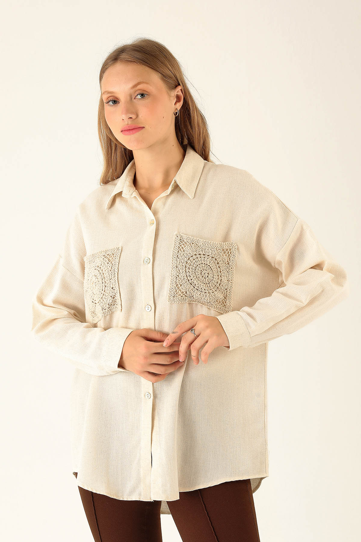Dantel Detay Cep Bayan Gömlek - 6695A Natural - 1