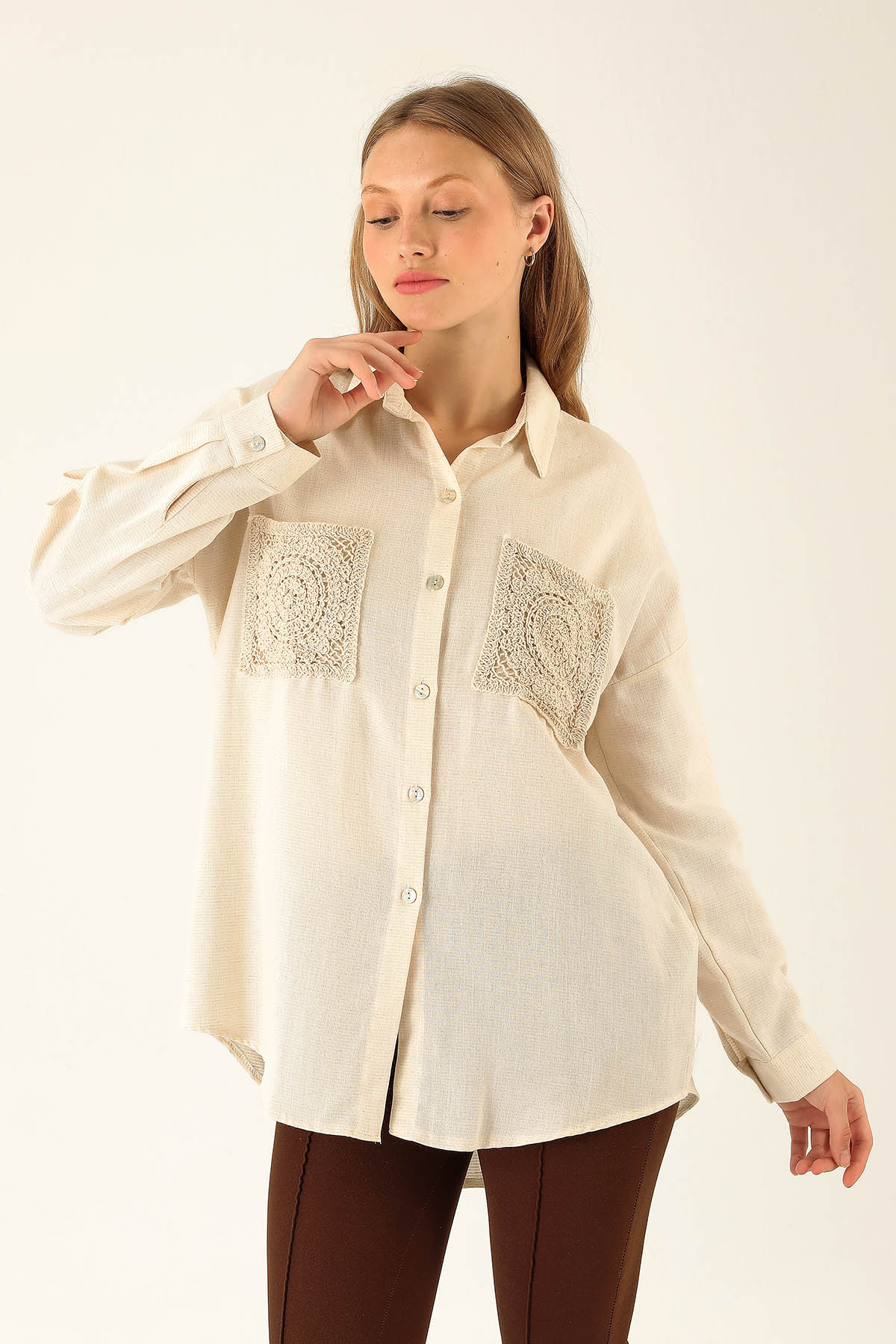 Dantel Detay Cep Bayan Gömlek - 6695A Natural - 2