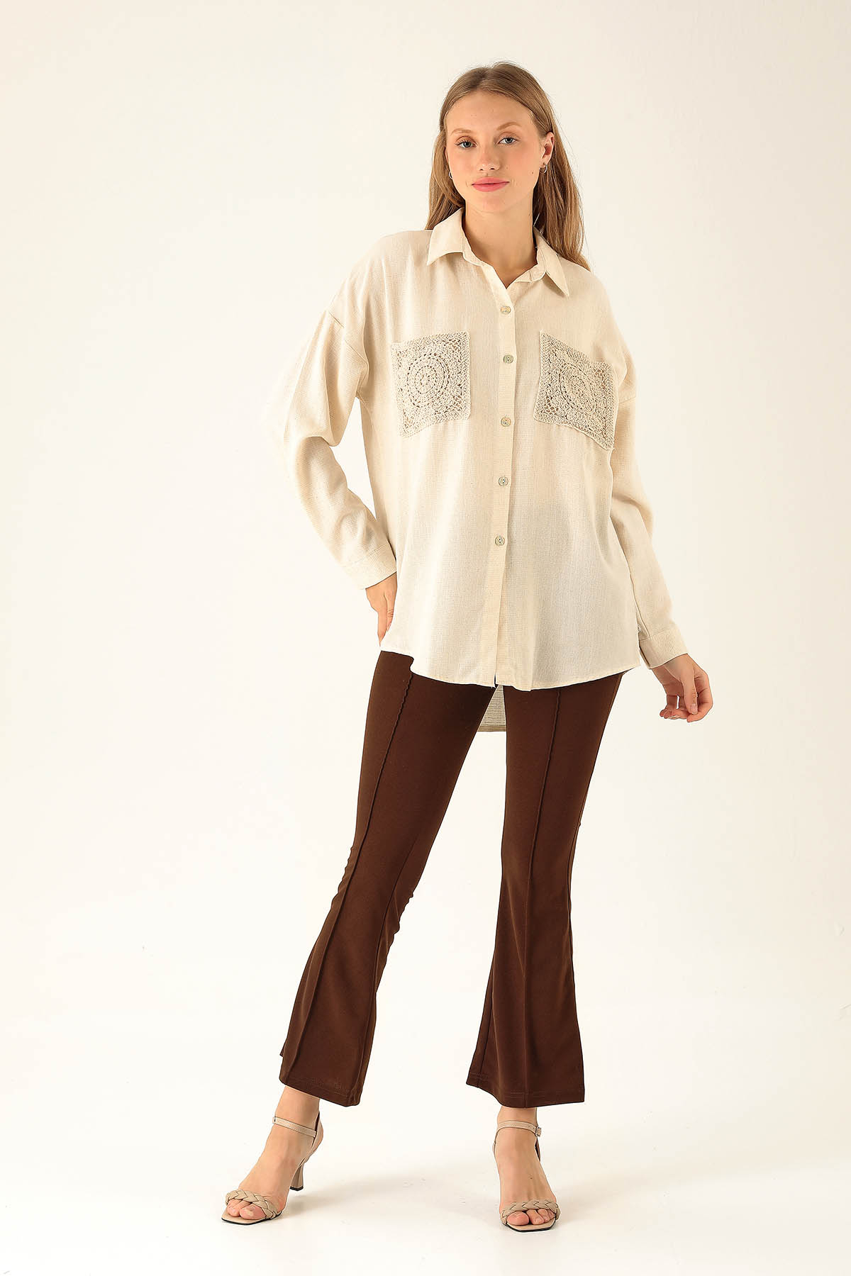 Dantel Detay Cep Bayan Gömlek - 6695A Natural - 3