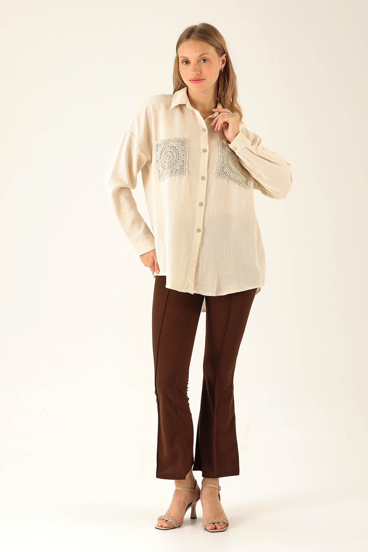 Dantel Detay Cep Bayan Gömlek - 6695A Natural - 4