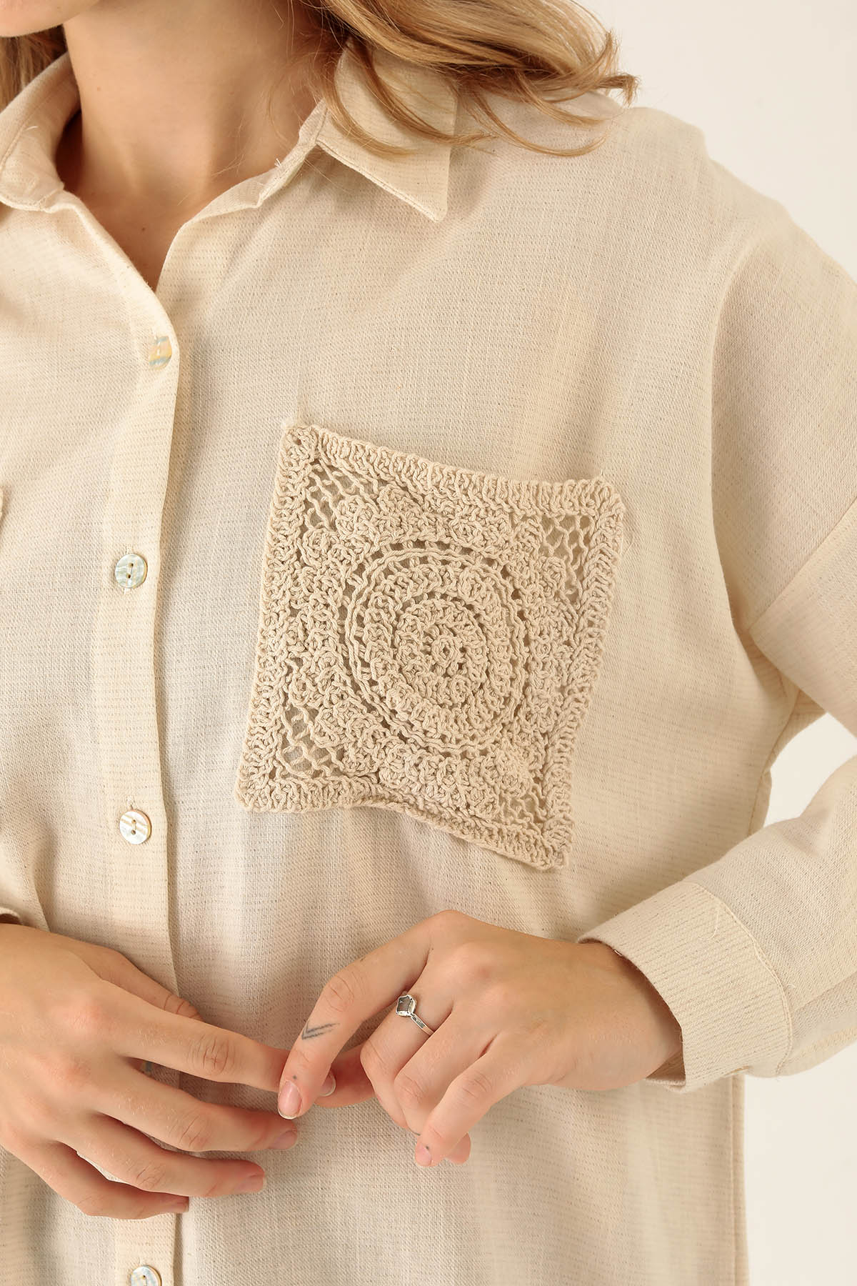 Dantel Detay Cep Bayan Gömlek - 6695A Natural - 6