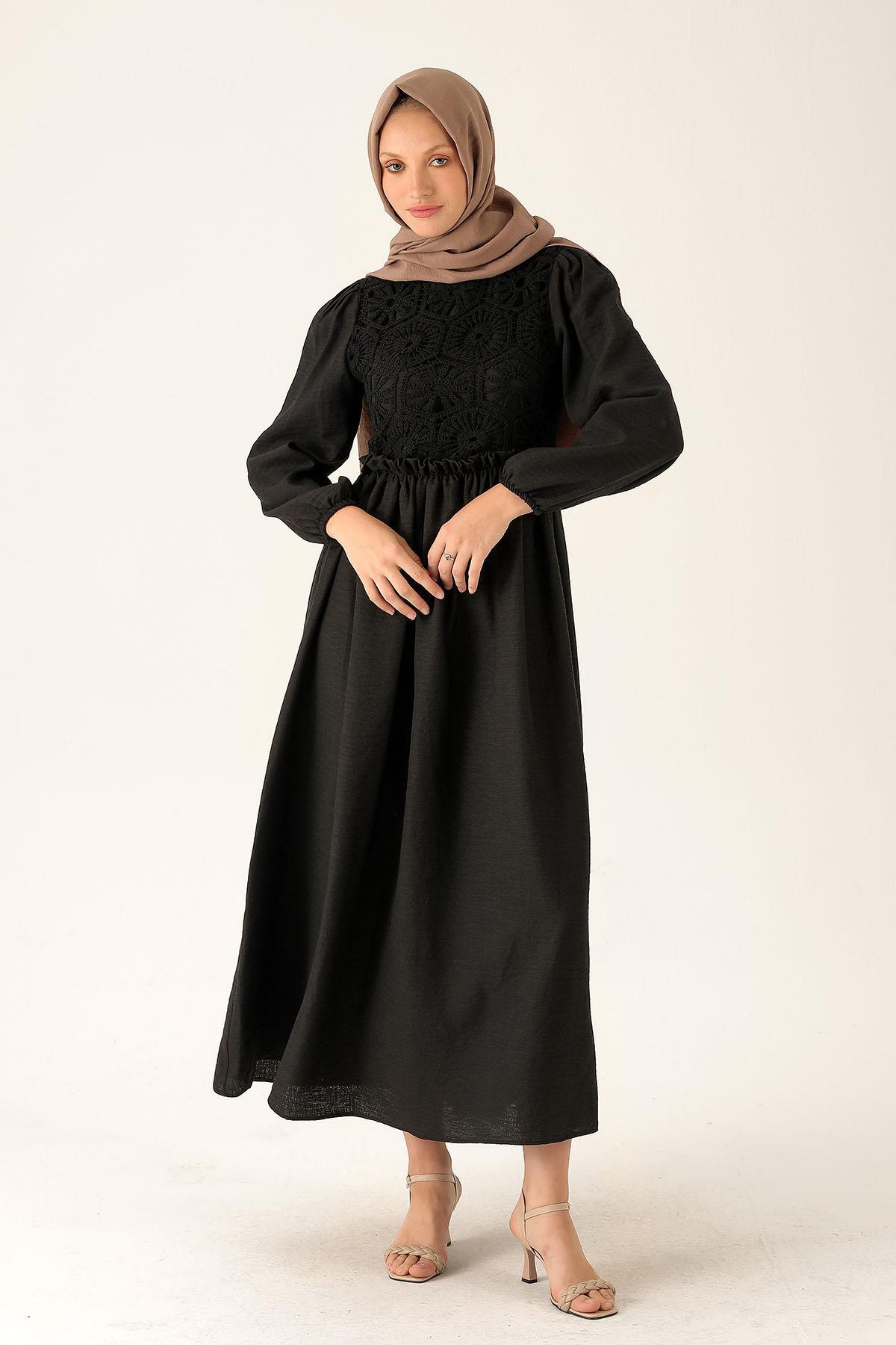 Dantel Detay Elbise - 6753A Siyah - 4