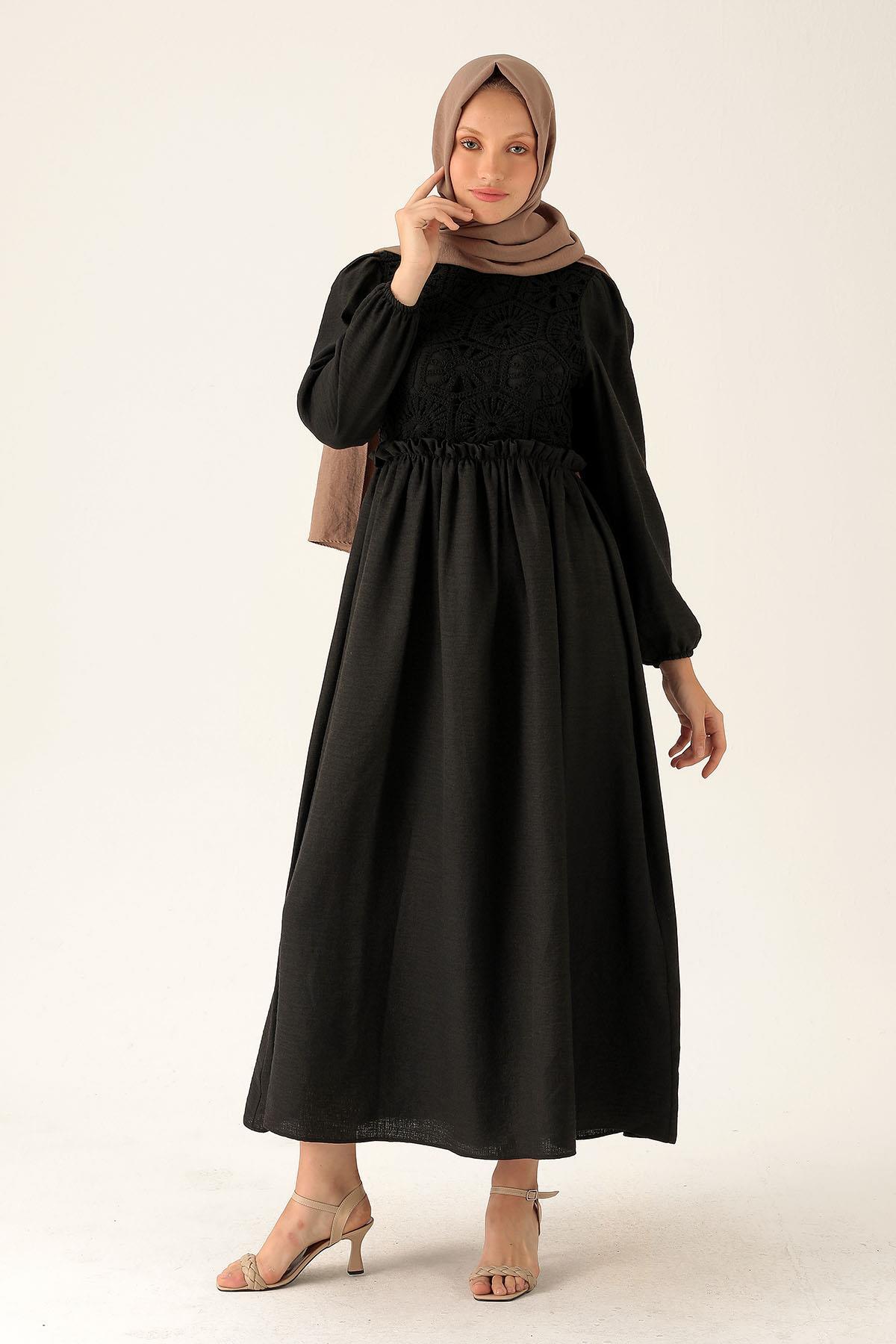 Dantel Detay Elbise - 6753A Siyah - 1