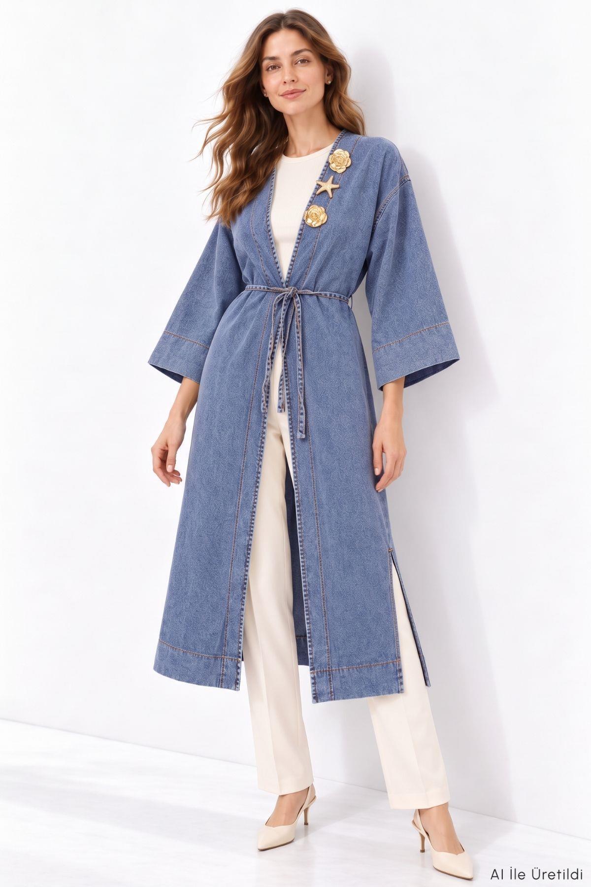 Deniz Kabuğu Detaylı Uzun Kot Kimono 3530 Açık Mavi - 1