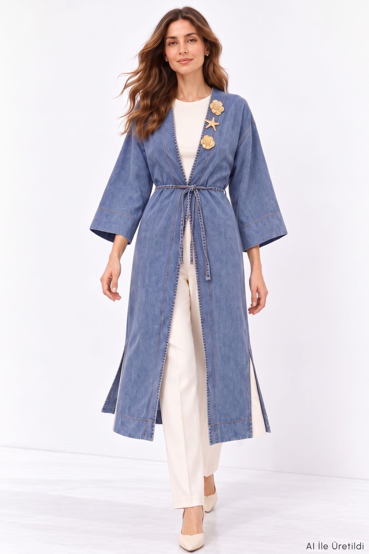 Deniz Kabuğu Detaylı Uzun Kot Kimono 3530 Açık Mavi - RAYS