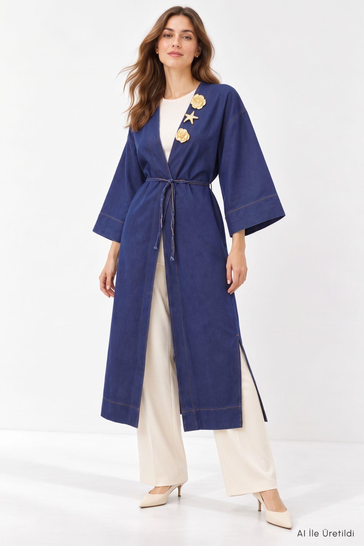 Deniz Kabuğu Detaylı Uzun Kot Kimono 3530 Koyu Mavi - RAYS