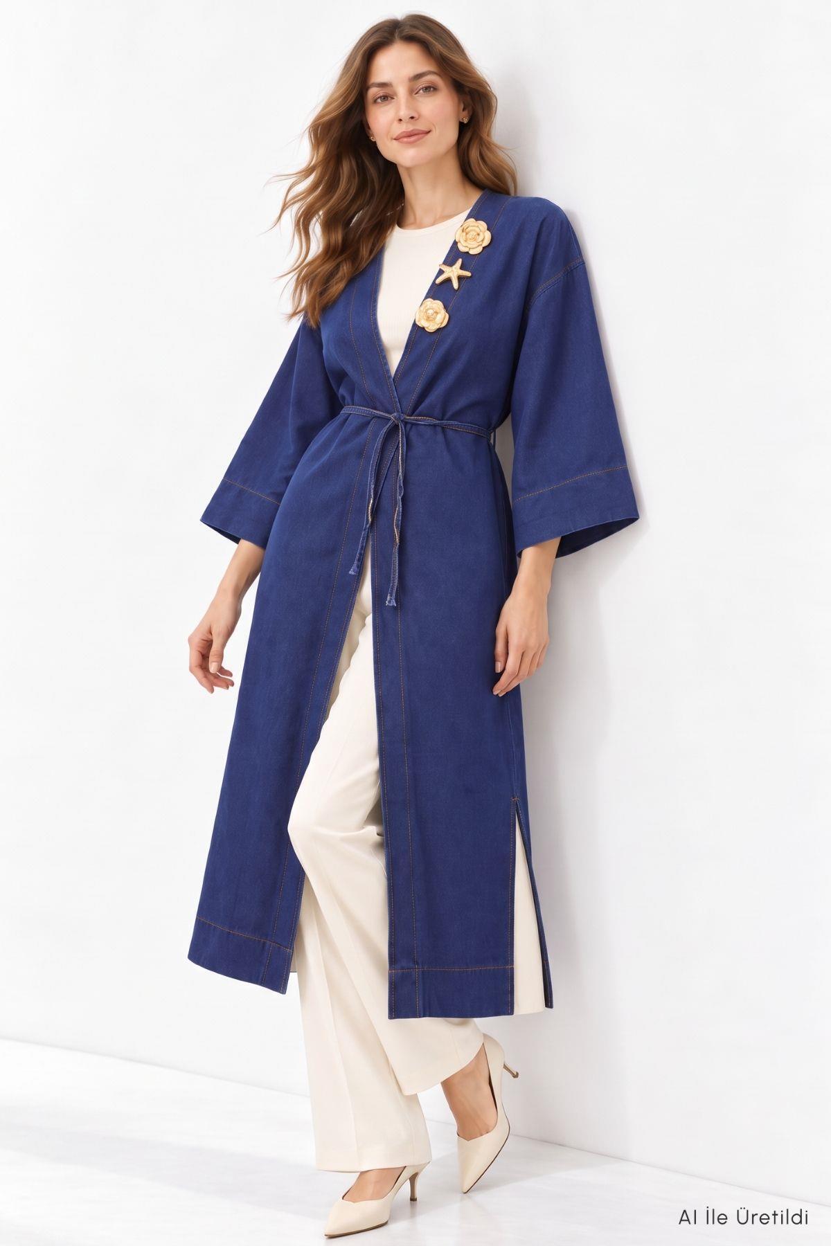 Deniz Kabuğu Detaylı Uzun Kot Kimono 3530 Koyu Mavi - RAYS