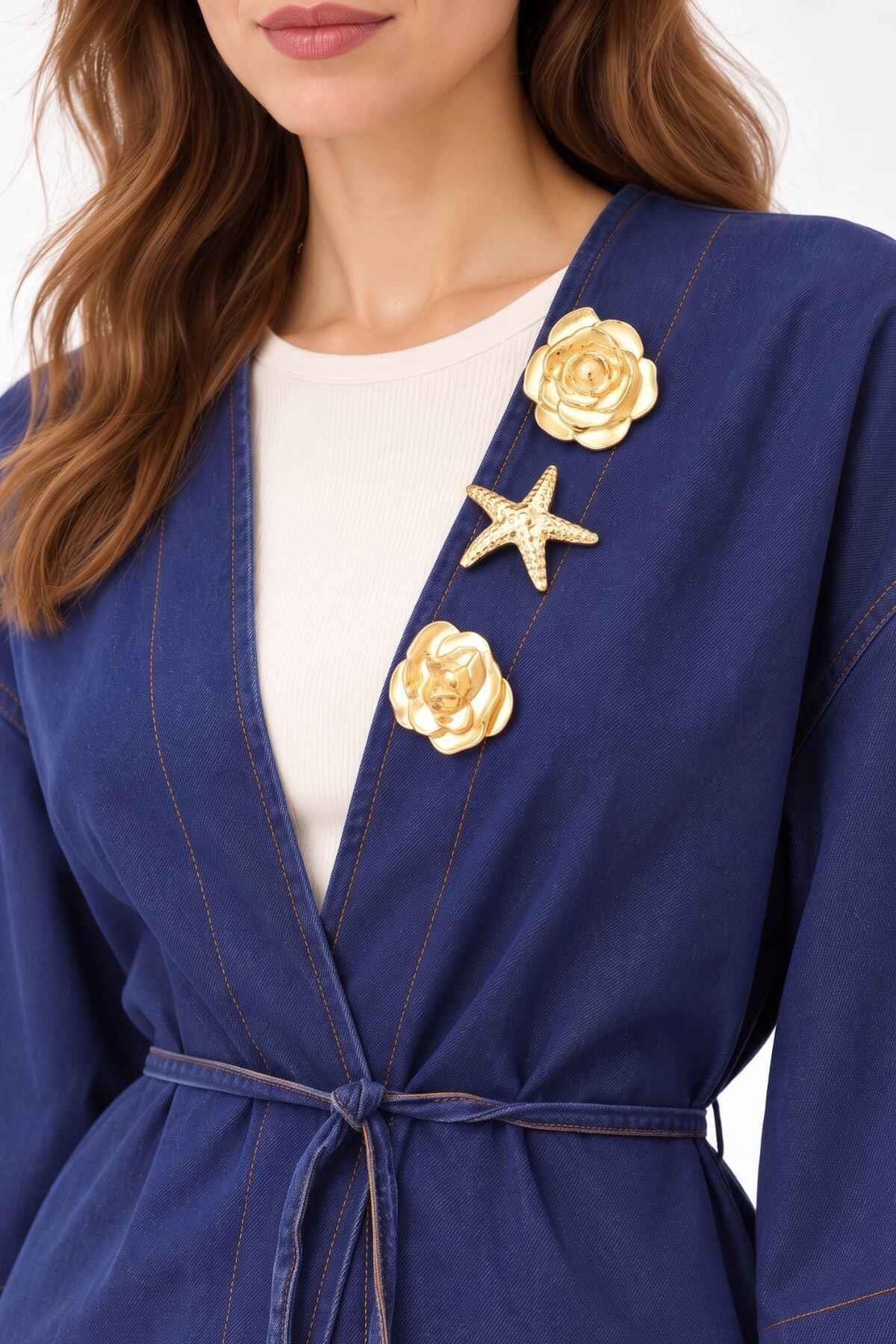 Deniz Kabuğu Detaylı Uzun Kot Kimono 3530 Koyu Mavi - RAYS
