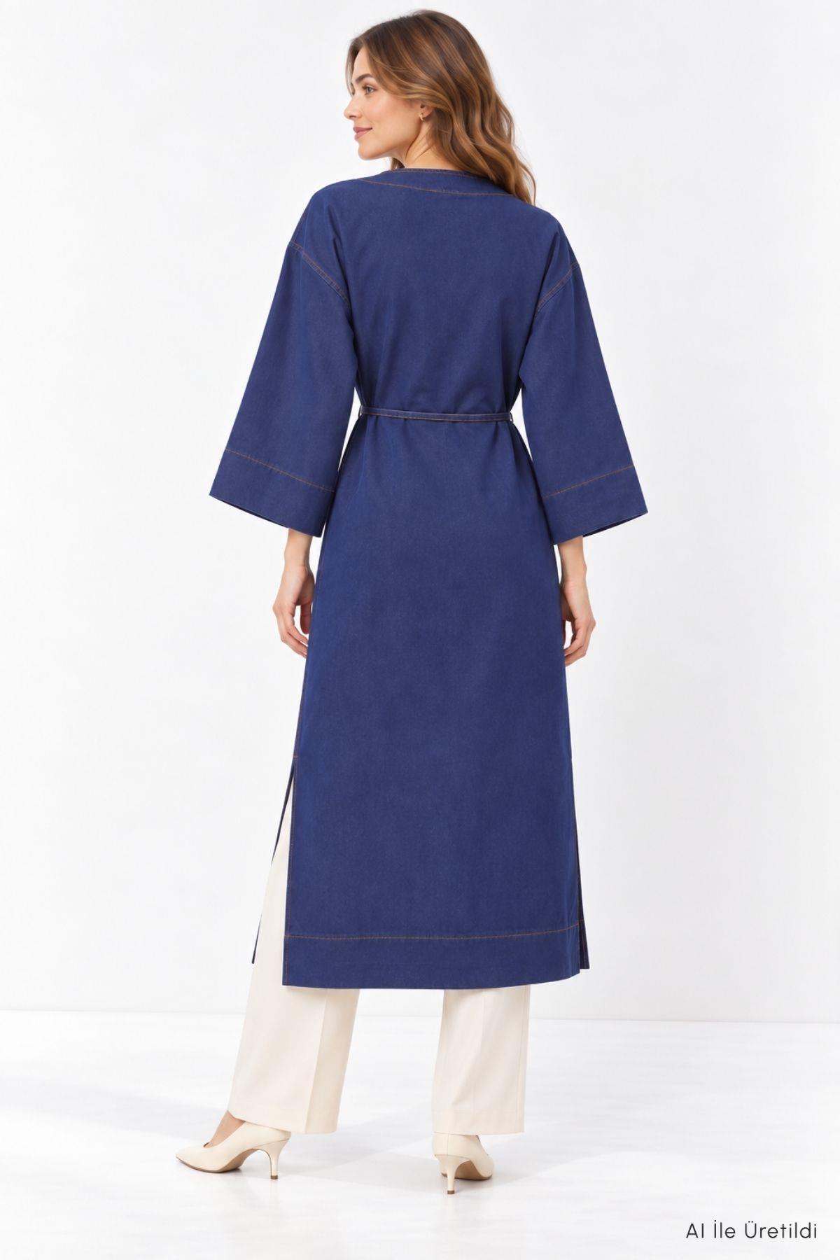 Deniz Kabuğu Detaylı Uzun Kot Kimono 3530 Koyu Mavi - 4