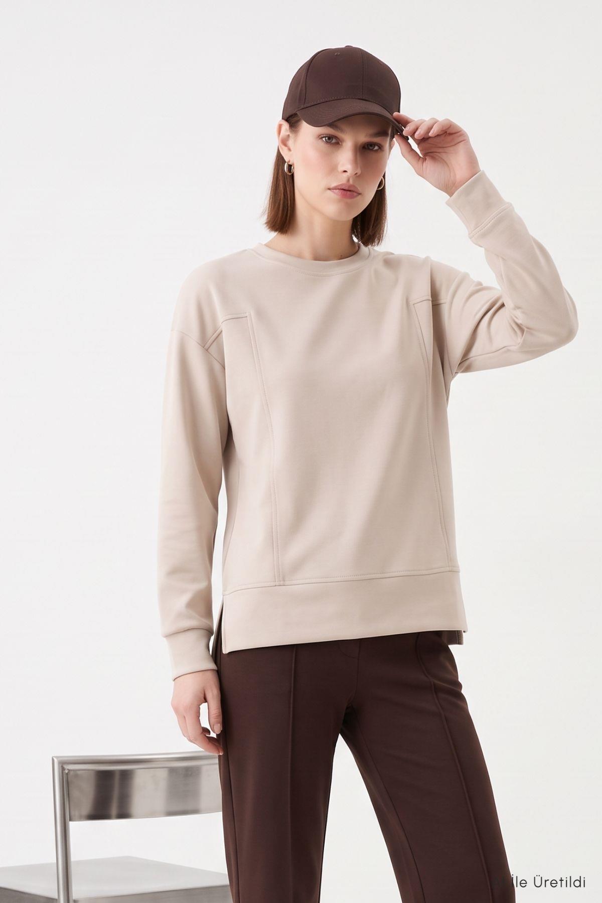 Desenli Bisiklet Yaka Bluz 8363A Bej - 3
