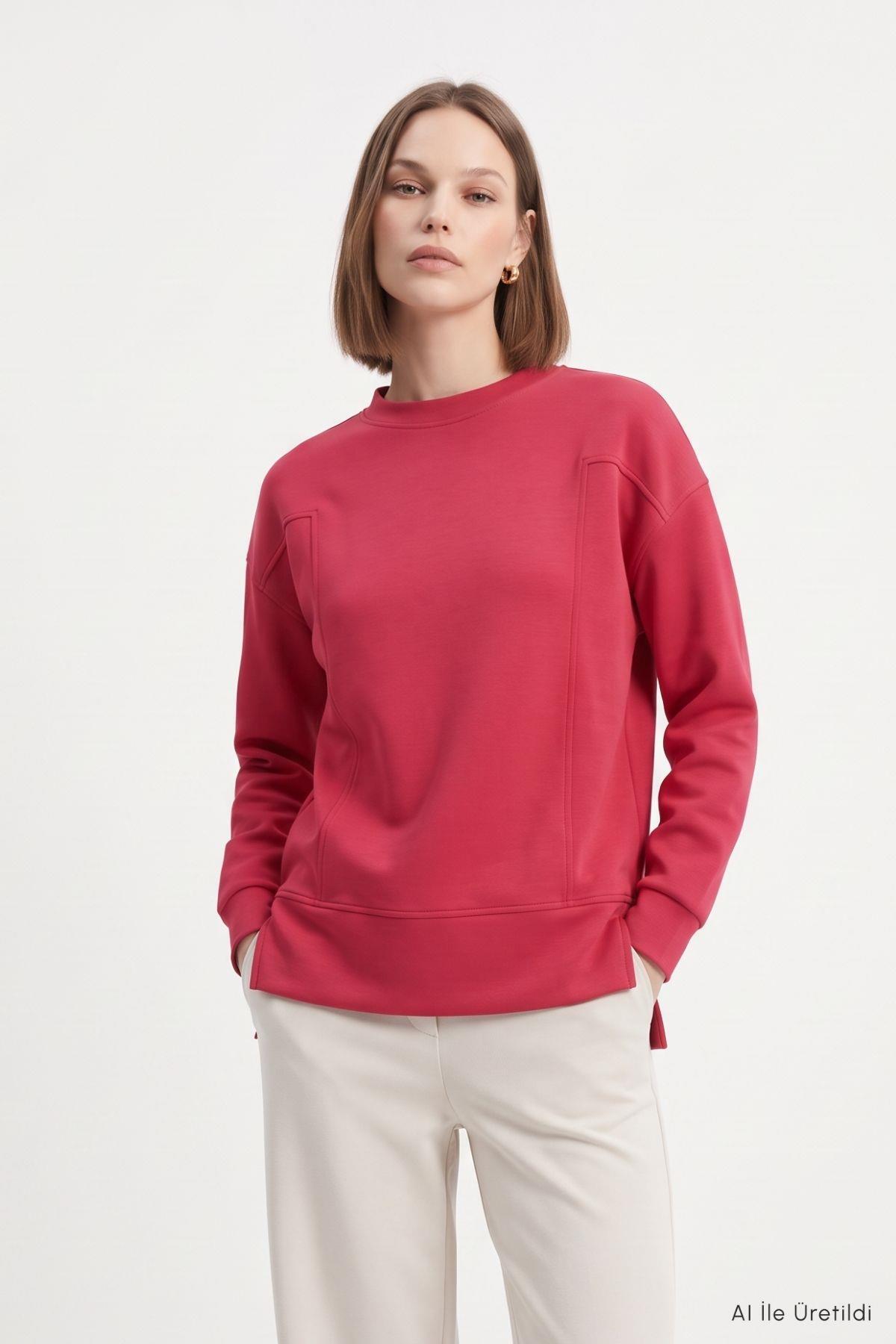 Desenli Bisiklet Yaka Bluz 8363A Kırmızı - 4