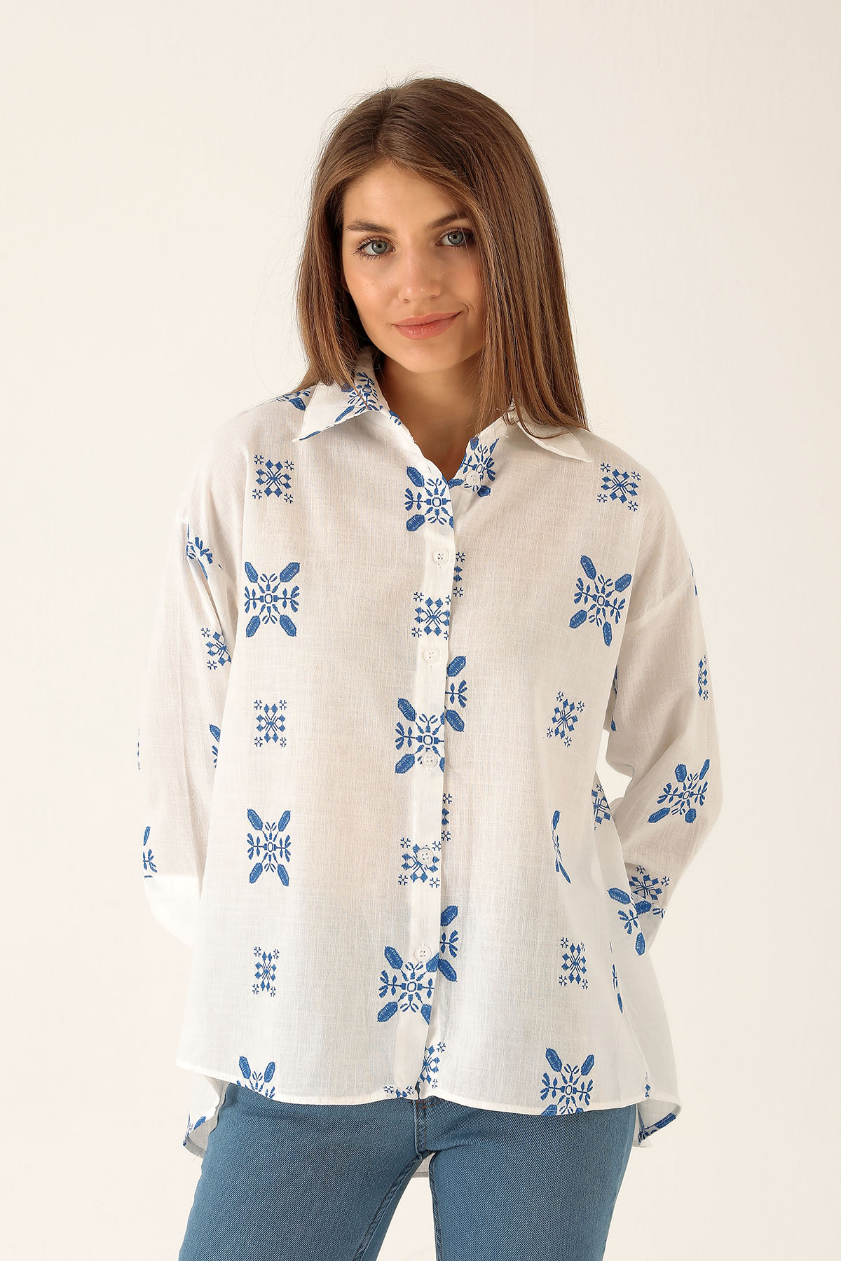 Desenli Keten Bayan Gömlek - 23300 Saks - 1