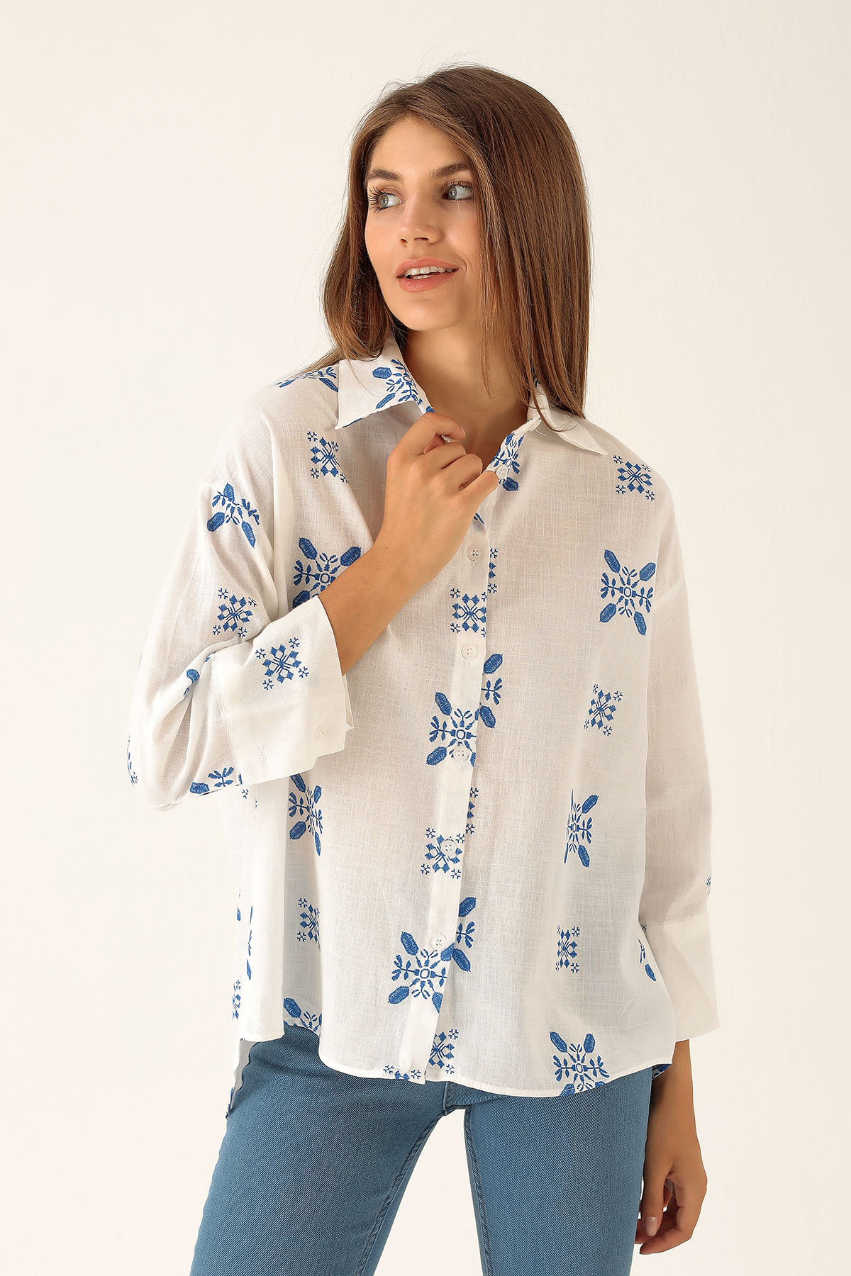 Desenli Keten Bayan Gömlek - 23300 Saks - 2