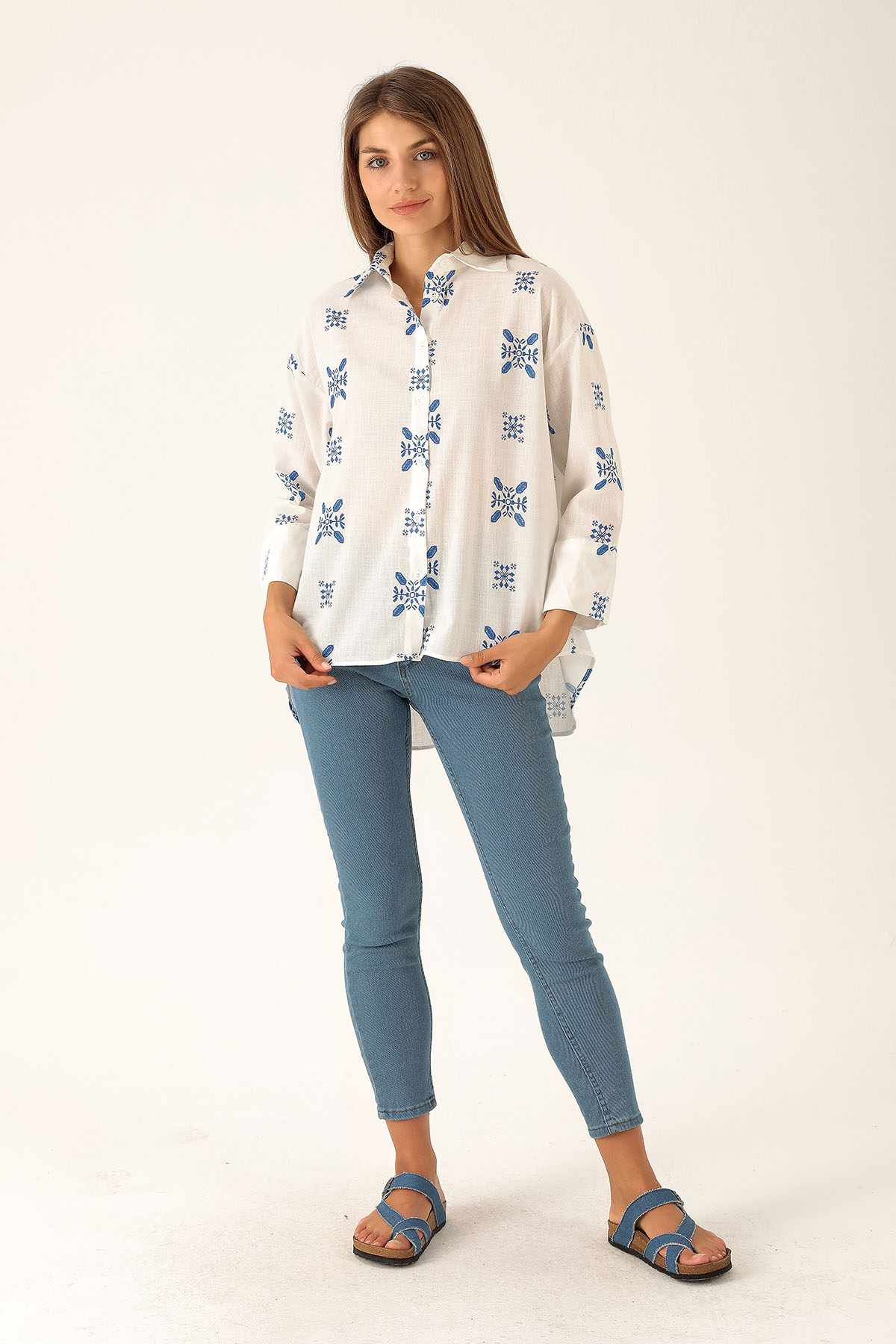 Desenli Keten Bayan Gömlek - 23300 Saks - 4