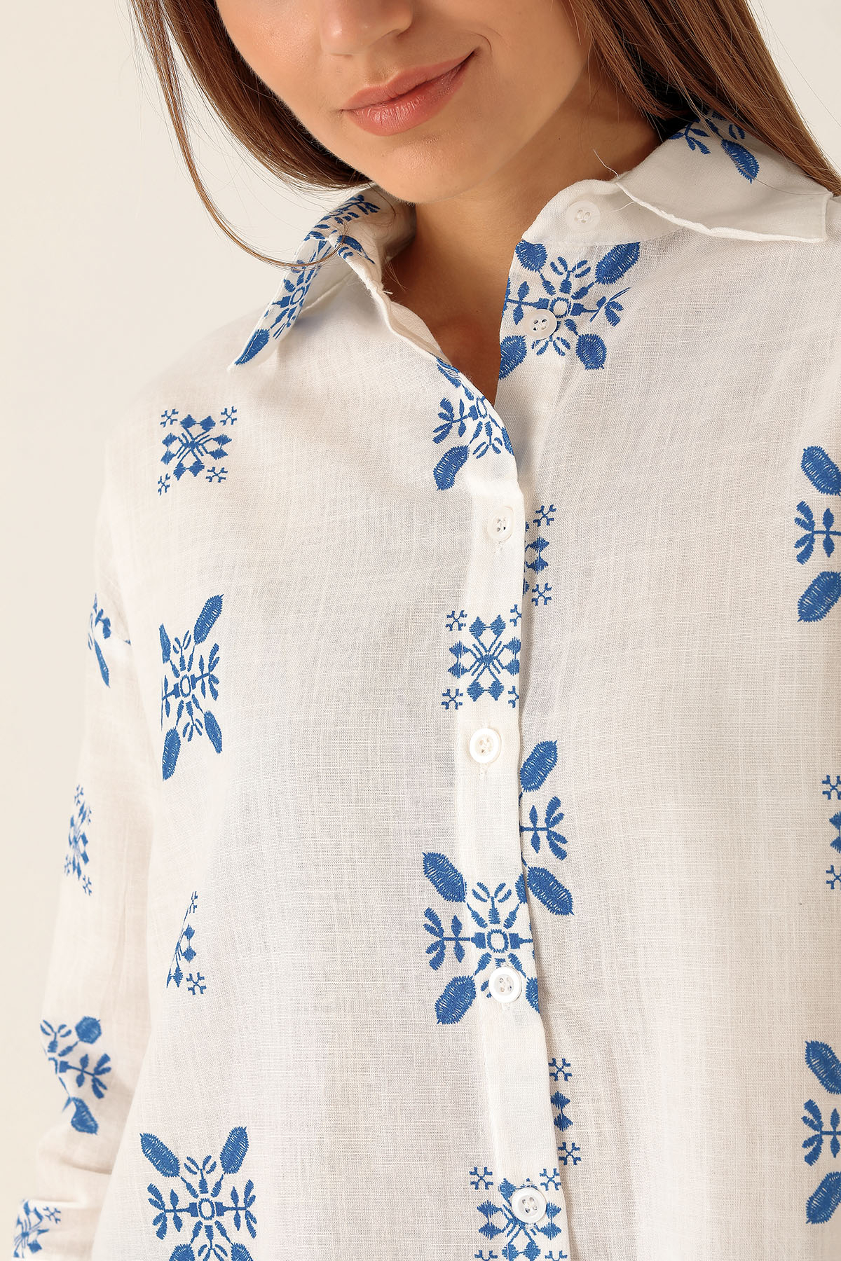 Desenli Keten Bayan Gömlek - 23300 Saks - 6