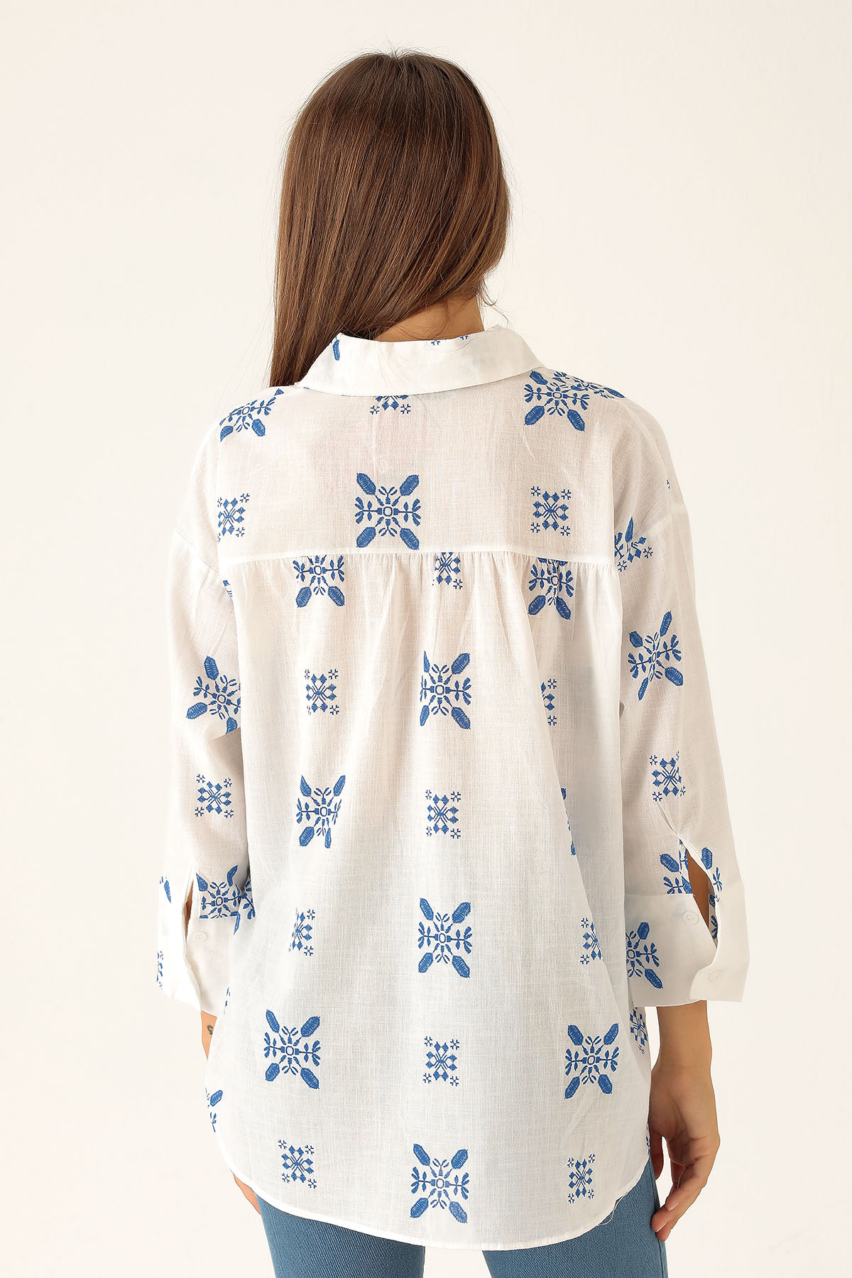 Desenli Keten Bayan Gömlek - 23300 Saks - 3