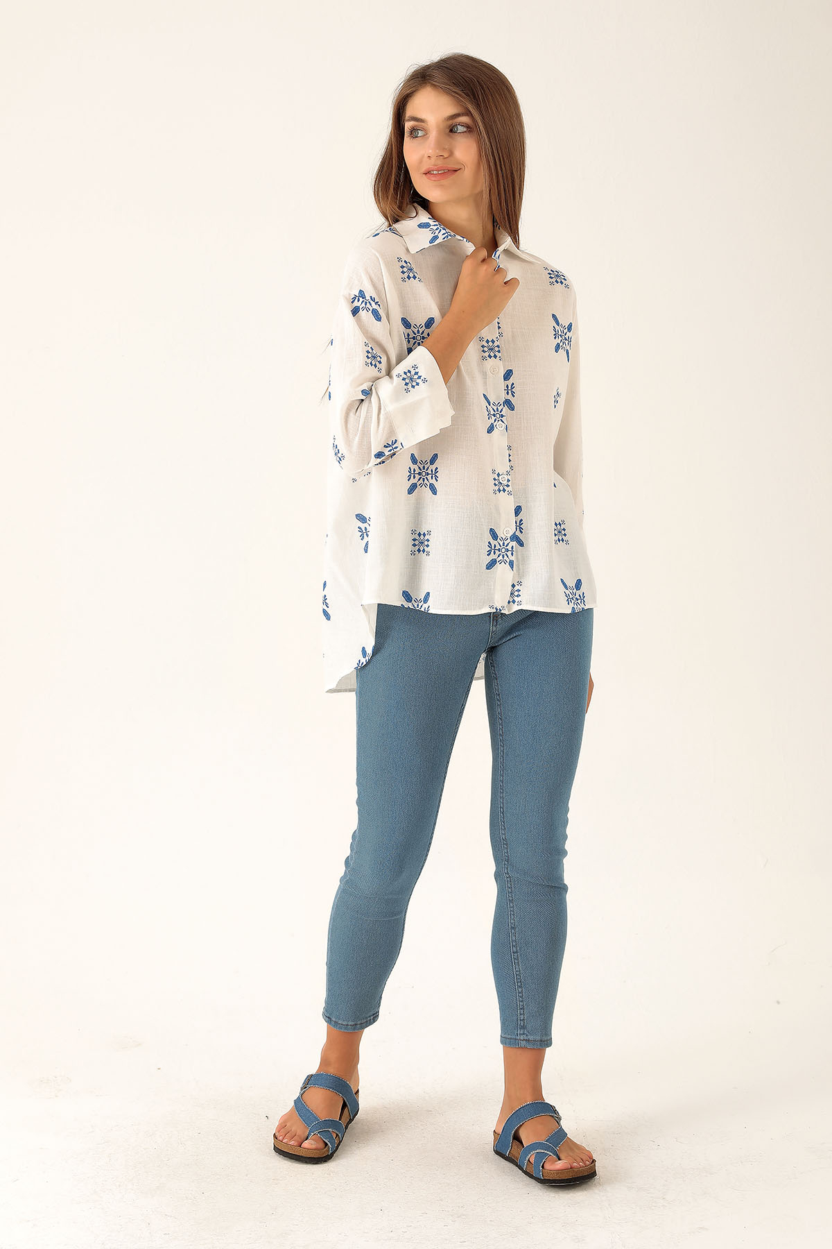 Desenli Keten Bayan Gömlek - 23300 Saks - 5