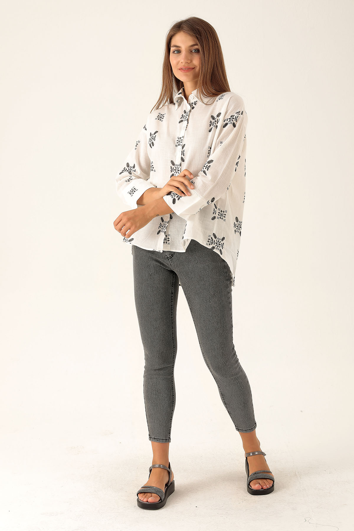 Desenli Keten Bayan Gömlek - 23300 Siyah - 5