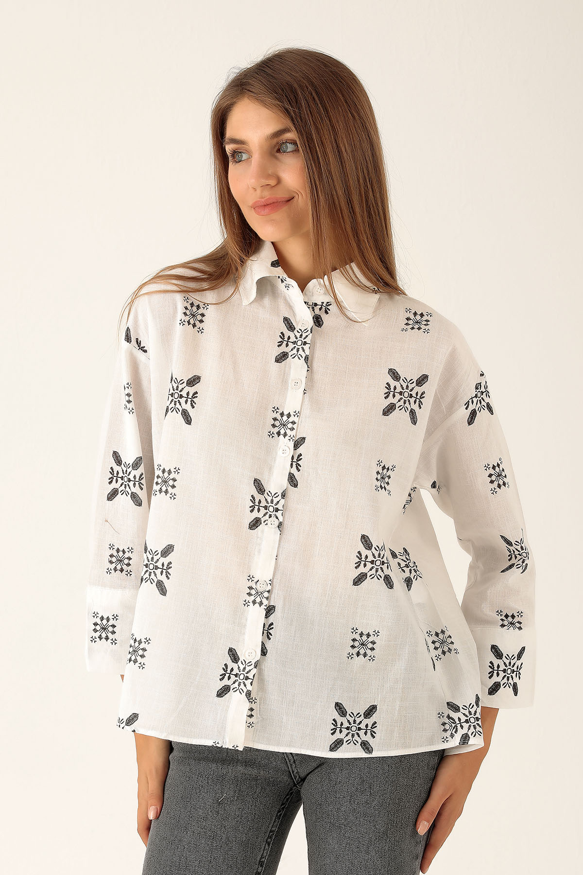 Desenli Keten Bayan Gömlek - 23300 Siyah - 2