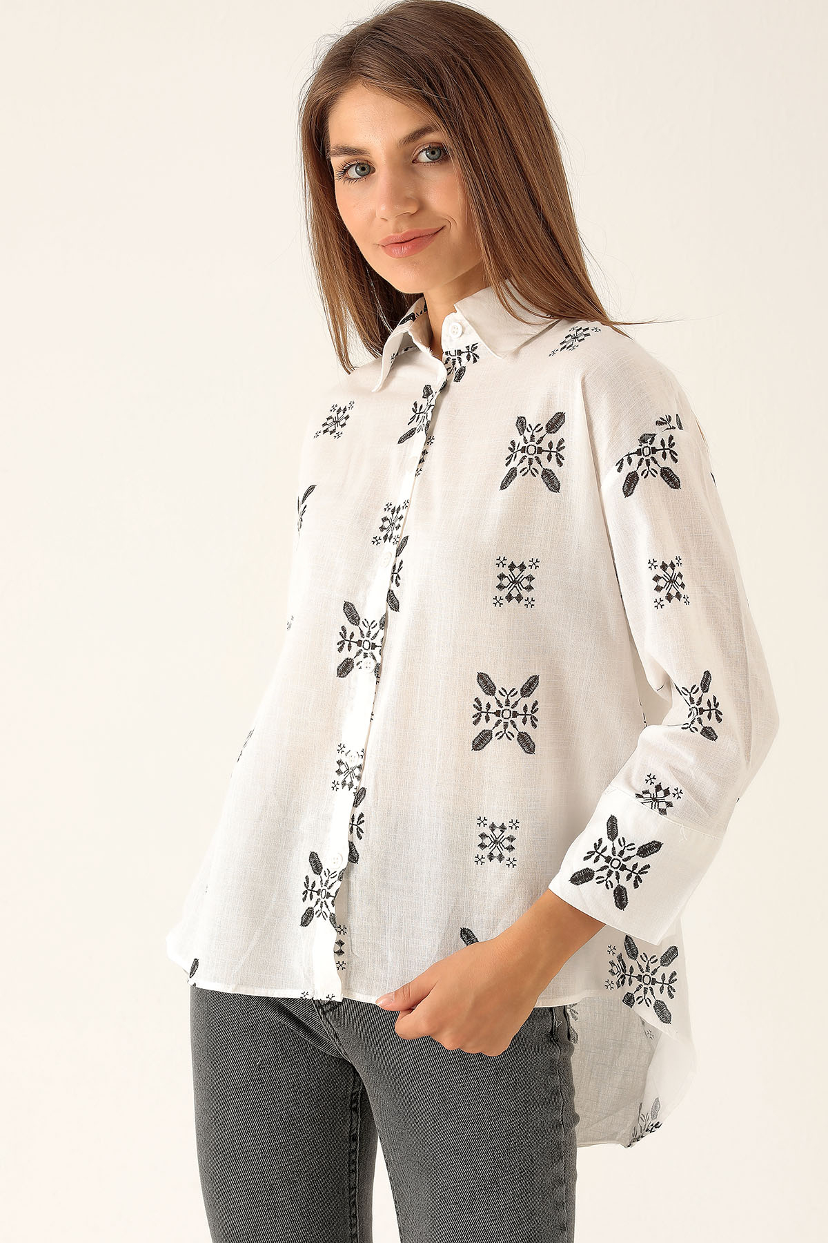 Desenli Keten Bayan Gömlek - 23300 Siyah - 1