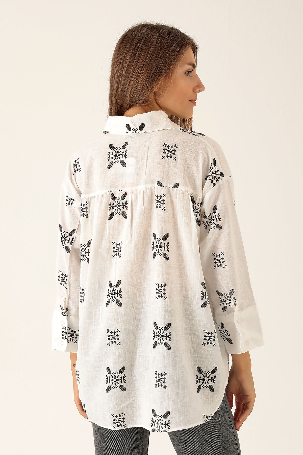 Desenli Keten Bayan Gömlek - 23300 Siyah - 3